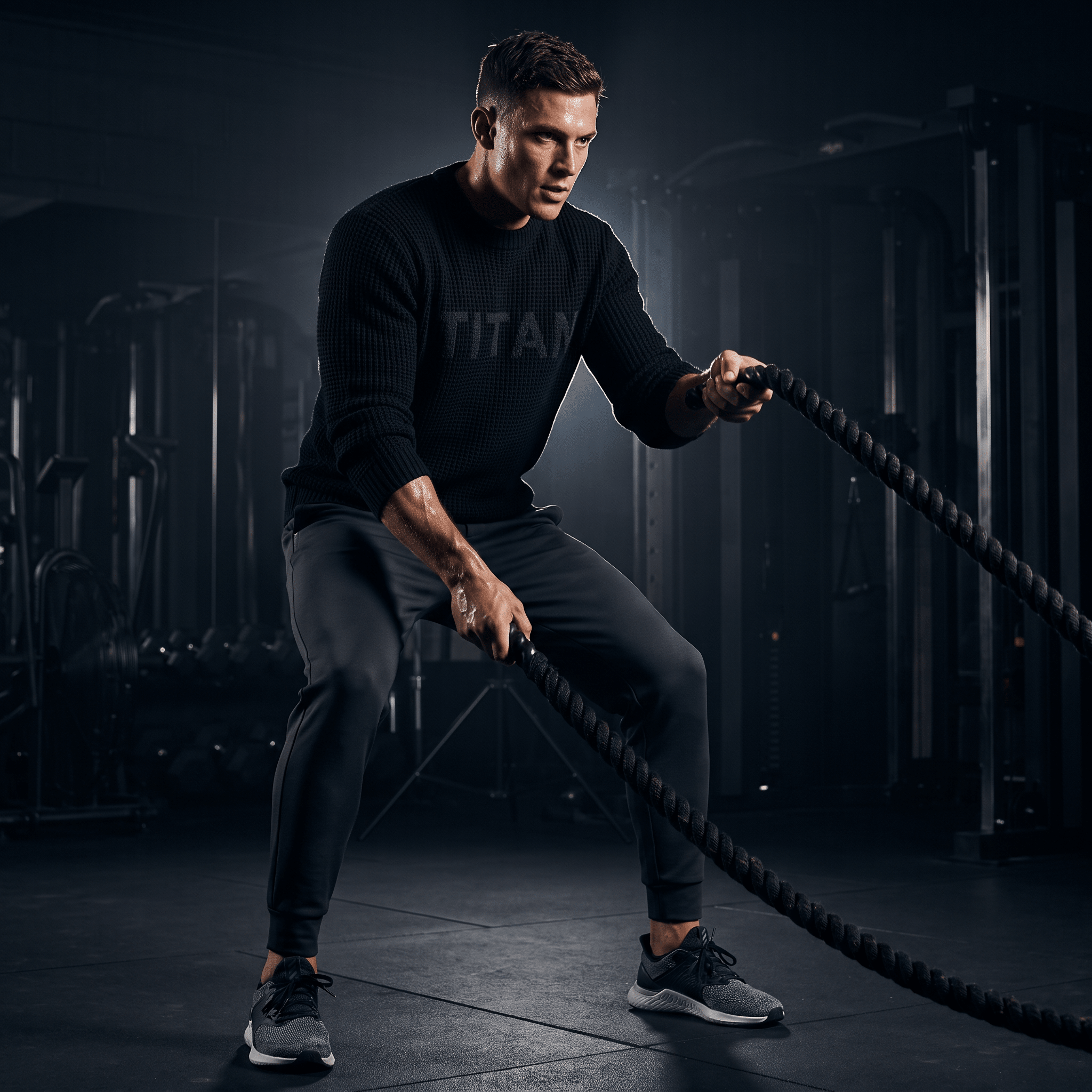 Athlete in a black TITAN relaxed fit crew neck sweater works out with battle ropes in a gym.