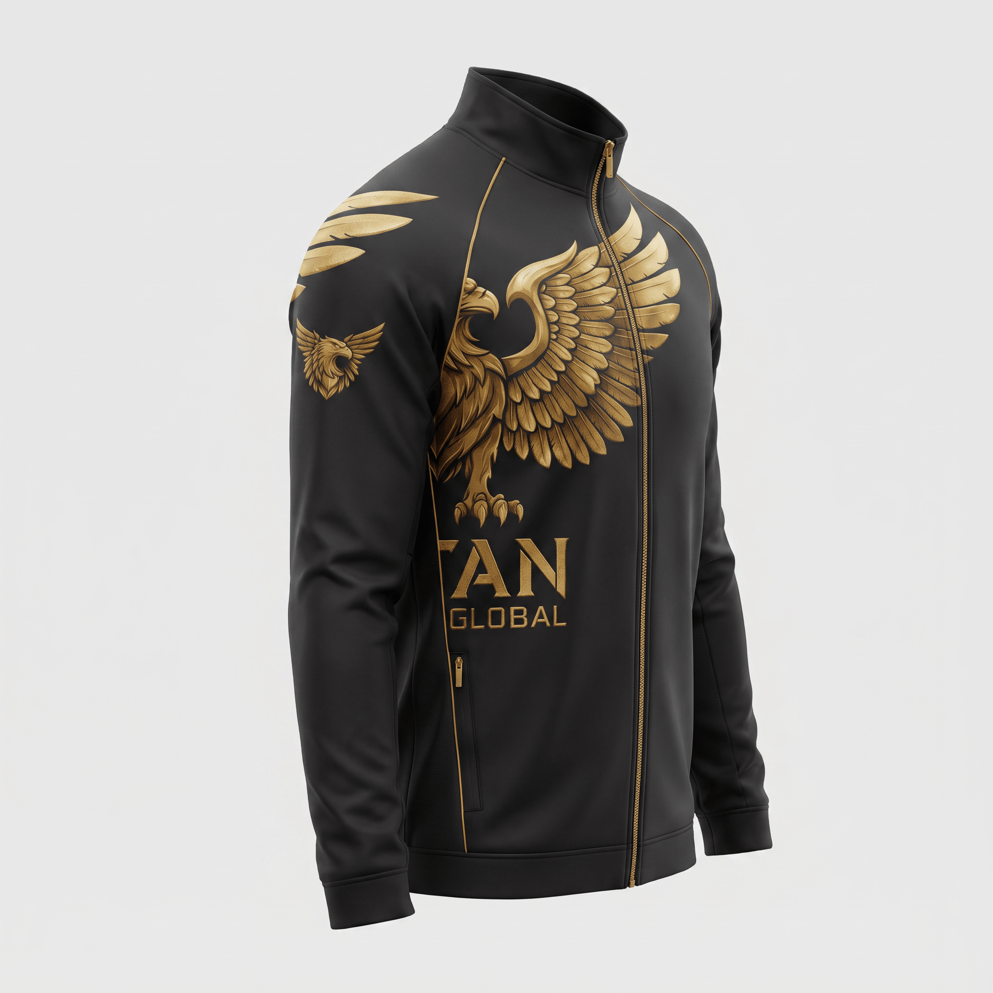 Black zip-up track jacket with gold eagle graphic and Titan Global branding, styled with a high collar.
