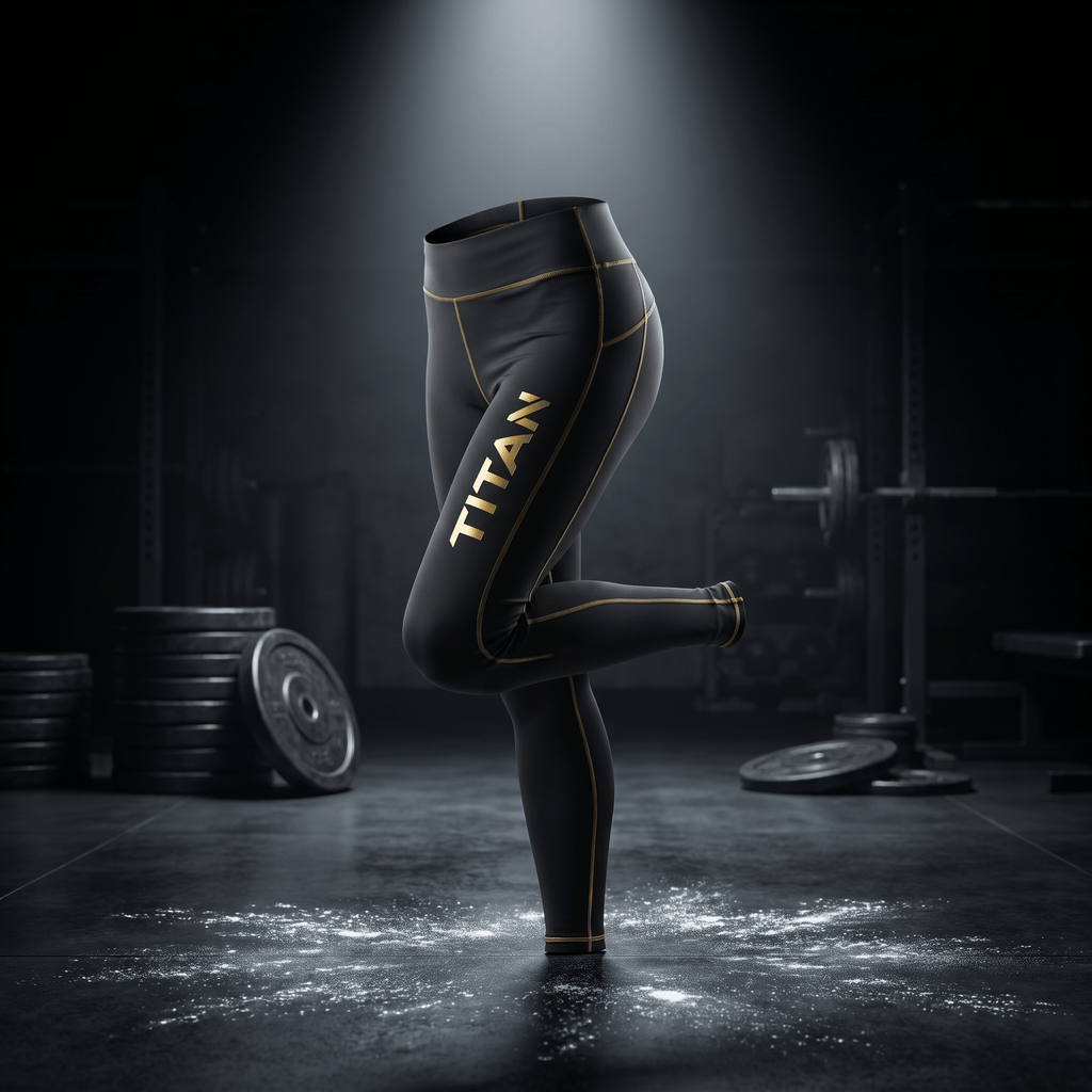 Black athletic leggings with gold "TITAN" logo and stitching, displayed in a gym setting with chalk dust.