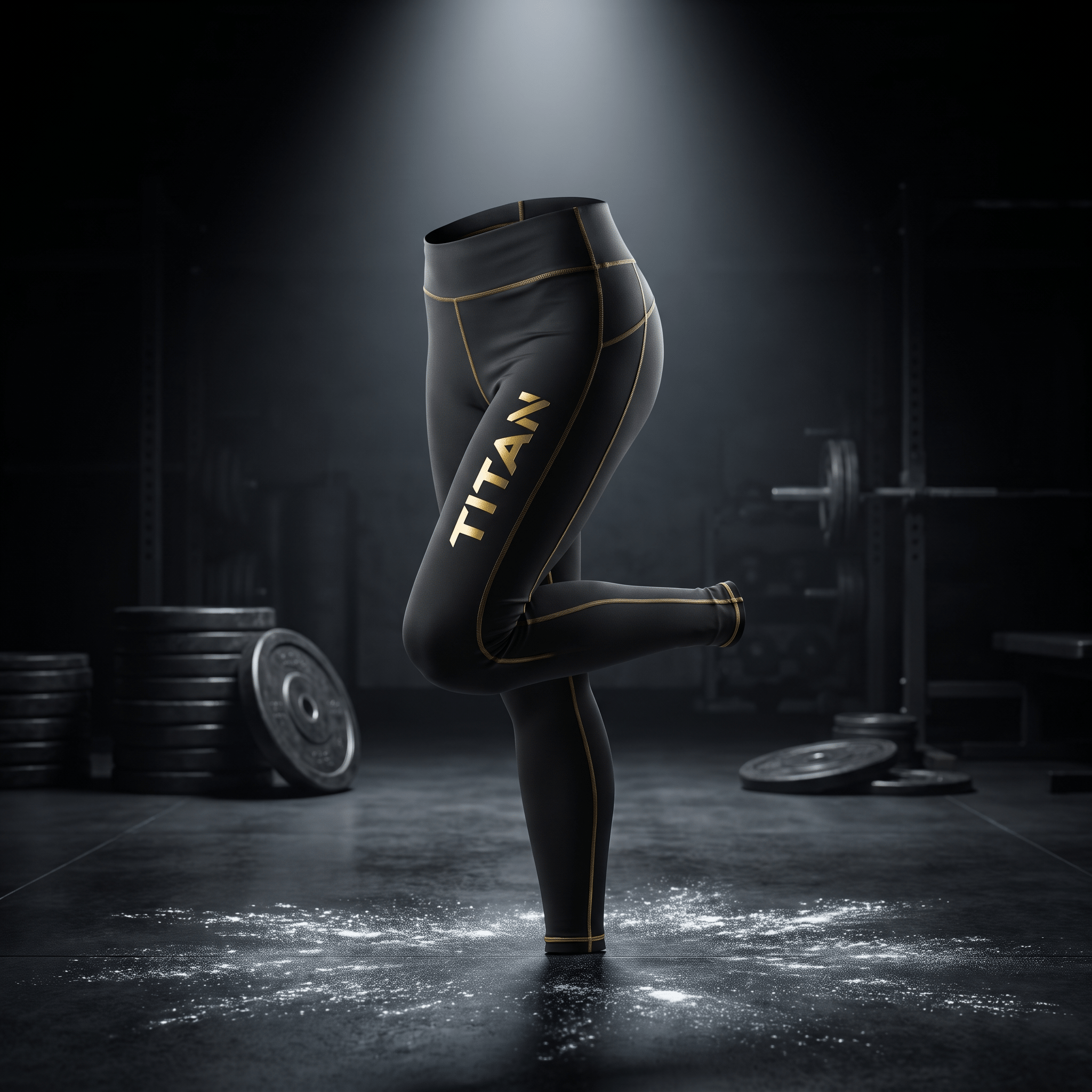 Black athletic leggings with gold "TITAN" logo and stitching, displayed in a gym setting with chalk dust.