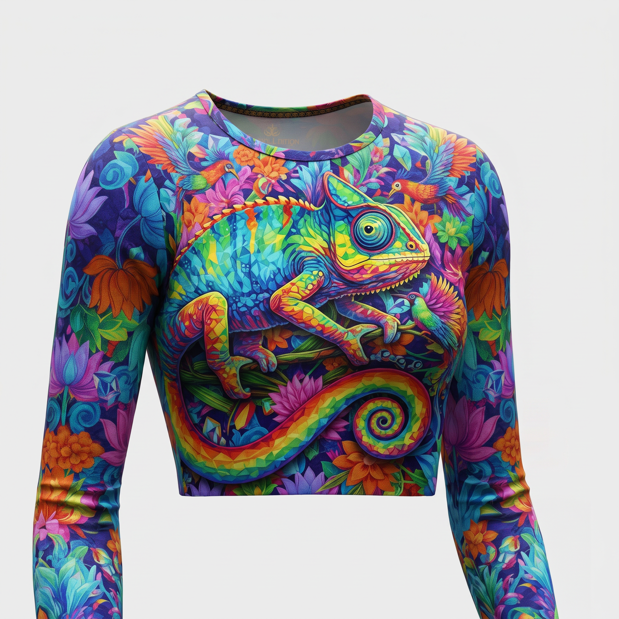 Vibrant multicolored long-sleeve crop top featuring a detailed chameleon and tropical flora print.