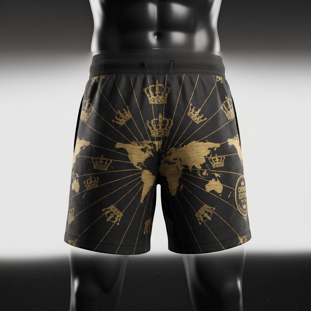 Black athletic shorts featuring a gold world map print and crown pattern on a mannequin.
