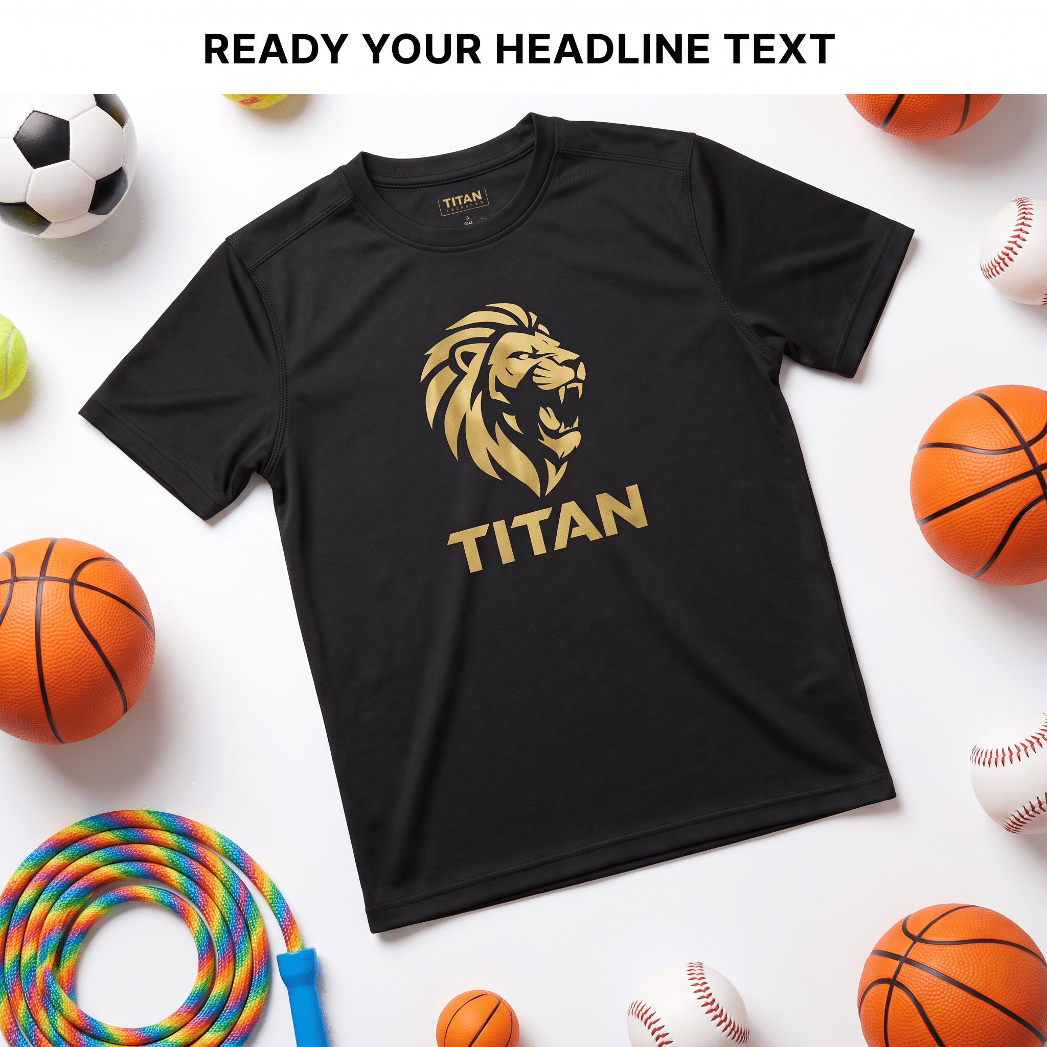Black athletic t-shirt with a gold lion logo and "TITAN" text, surrounded by various sports balls on a white background.