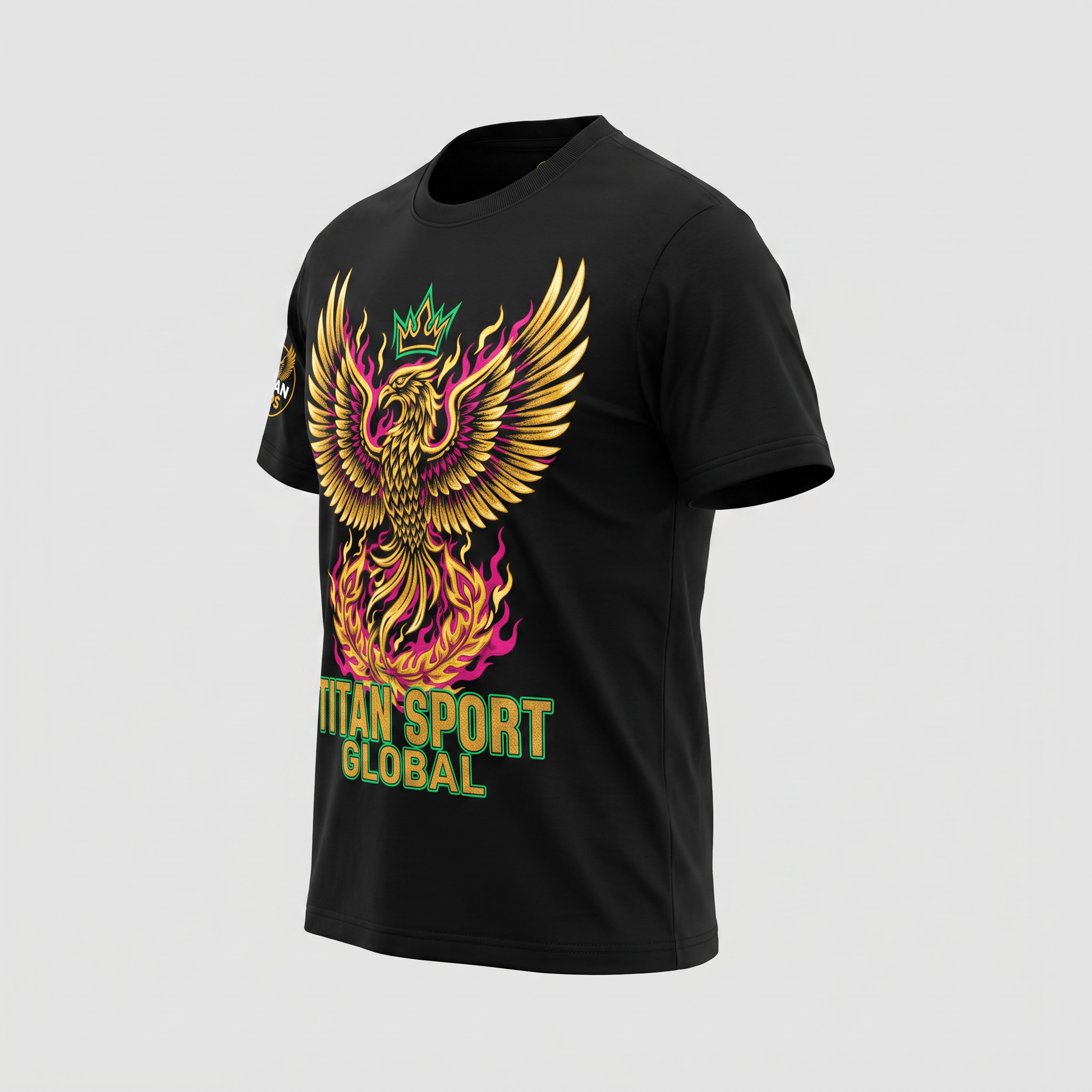 Black crewneck t-shirt featuring a golden phoenix graphic with pink flames, green crown, and Titan Sport Global text.