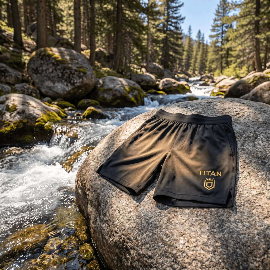Black athletic shorts with gold "TITAN" branding and crest logo, resting on a rock by a mountain stream.