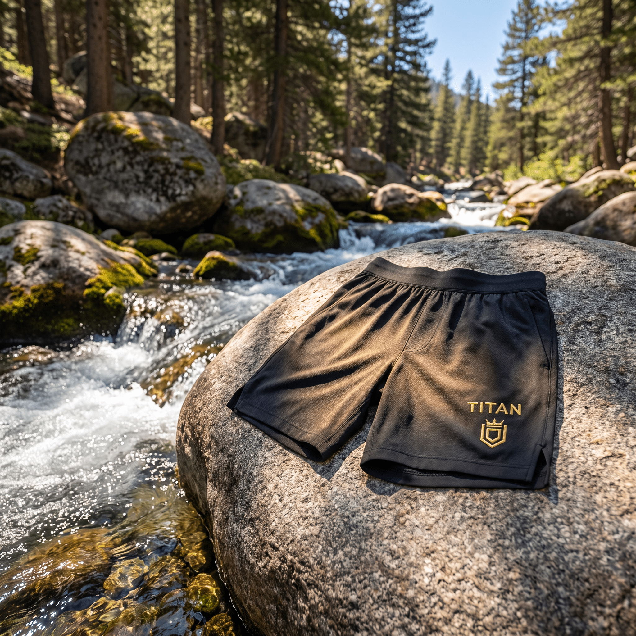 Black athletic shorts with gold "TITAN" branding and crest logo, resting on a rock by a mountain stream.