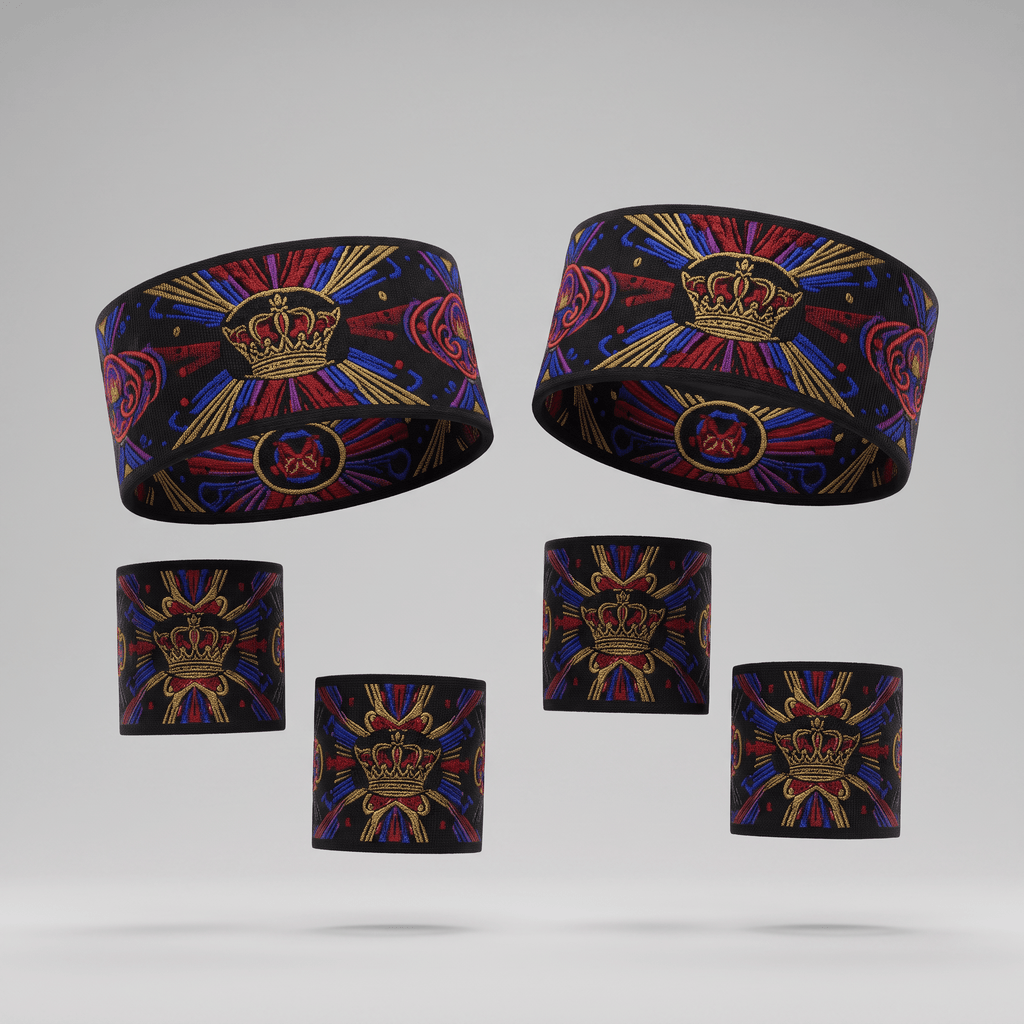 Black elastic armbands with colorful embroidered crown motifs, red and blue geometric patterns, and gold sunbursts.