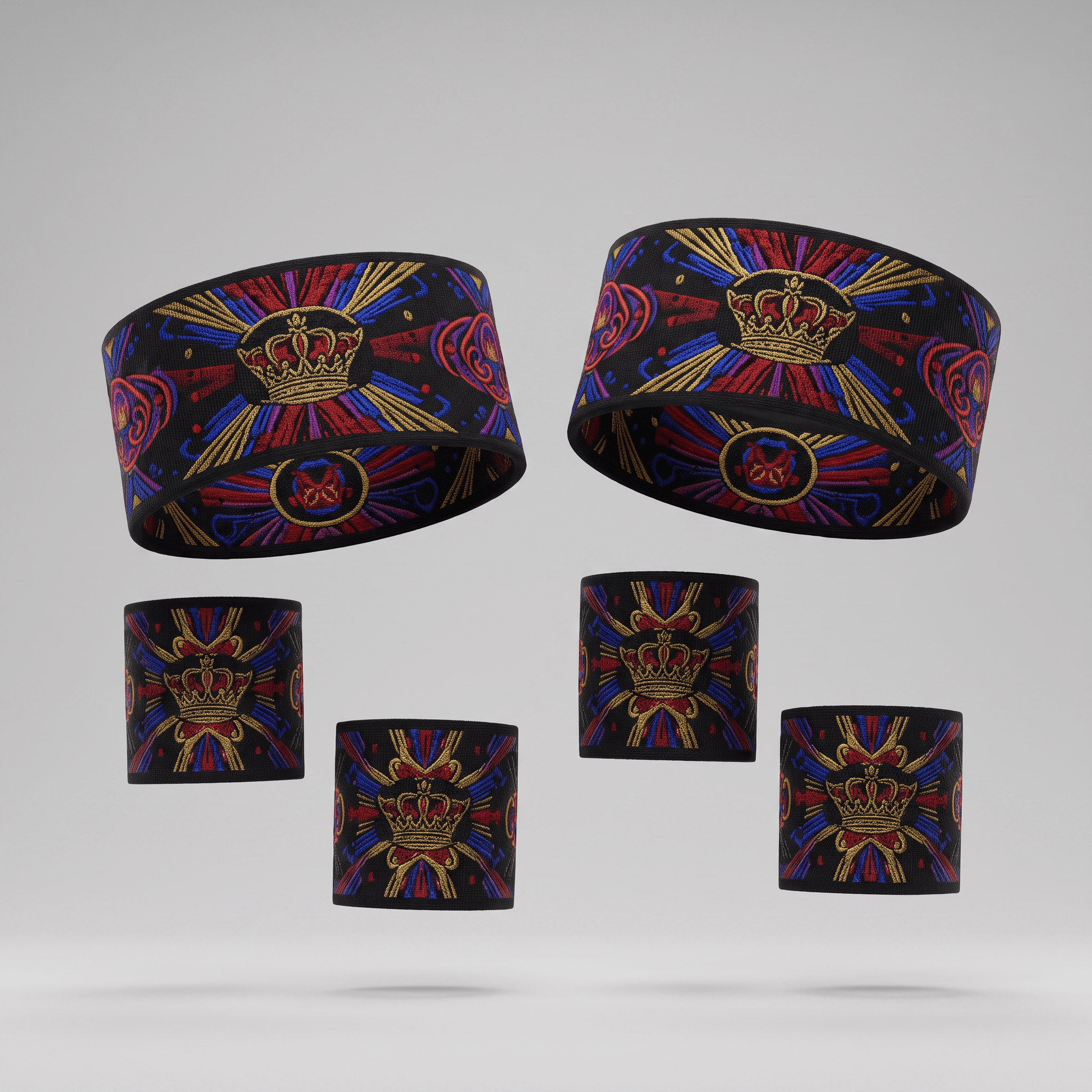 Black elastic armbands with colorful embroidered crown motifs, red and blue geometric patterns, and gold sunbursts.
