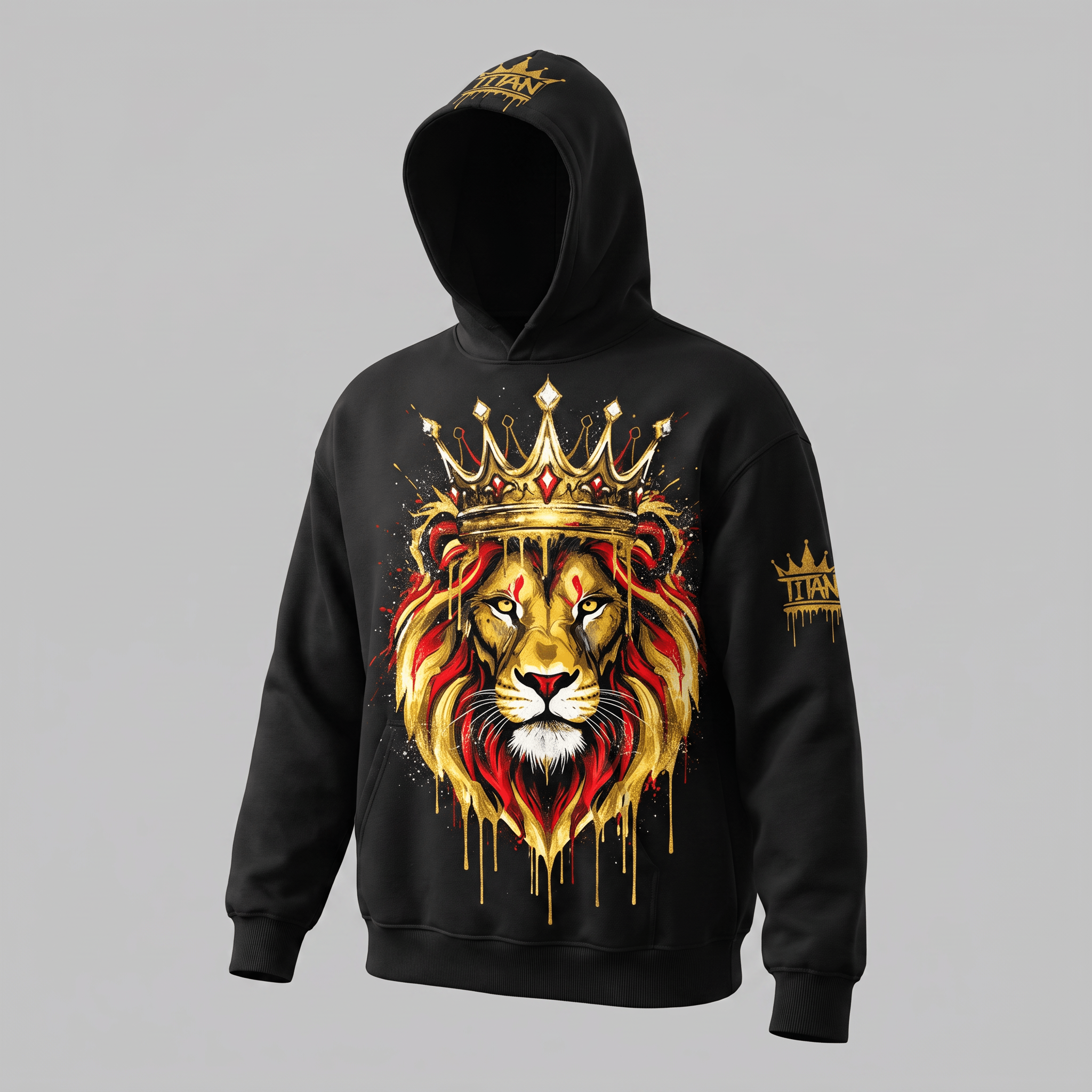 Black hoodie featuring a graphic of a crowned lion with gold and red dripping paint details.