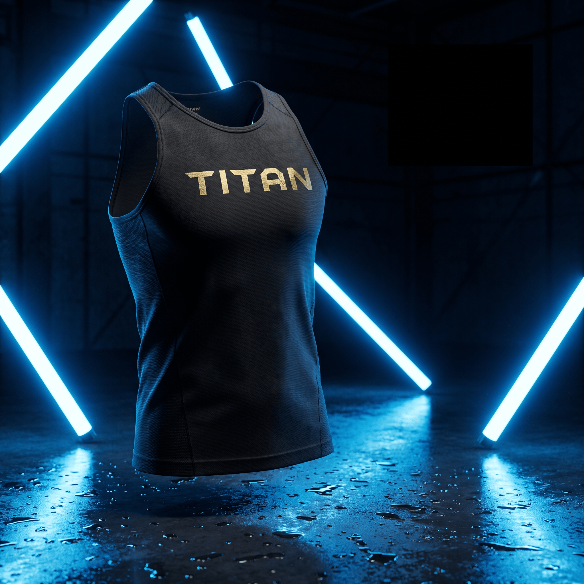 Black athletic tank top with gold "TITAN" logo, centered against a dark background with blue neon lights and wet floor.
