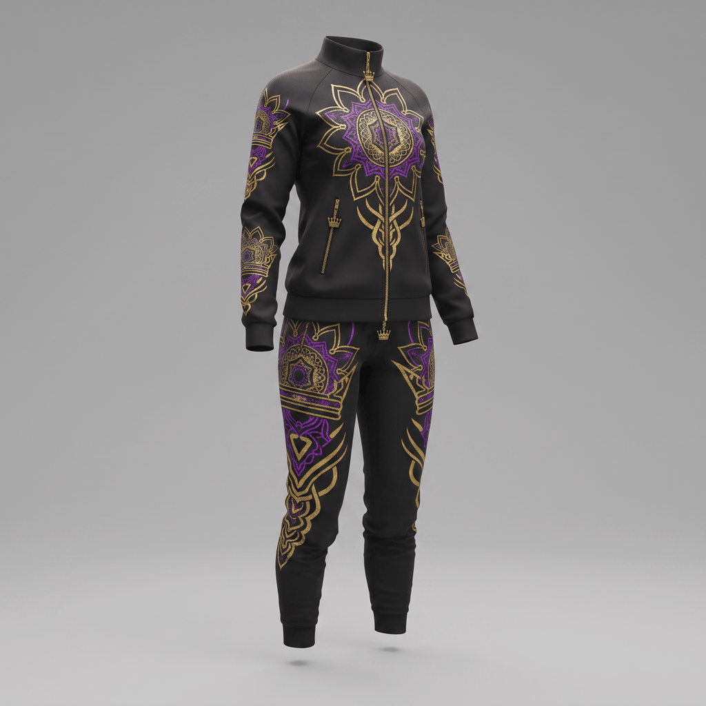 Black athletic tracksuit with gold and purple mandala prints on the jacket and matching joggers.