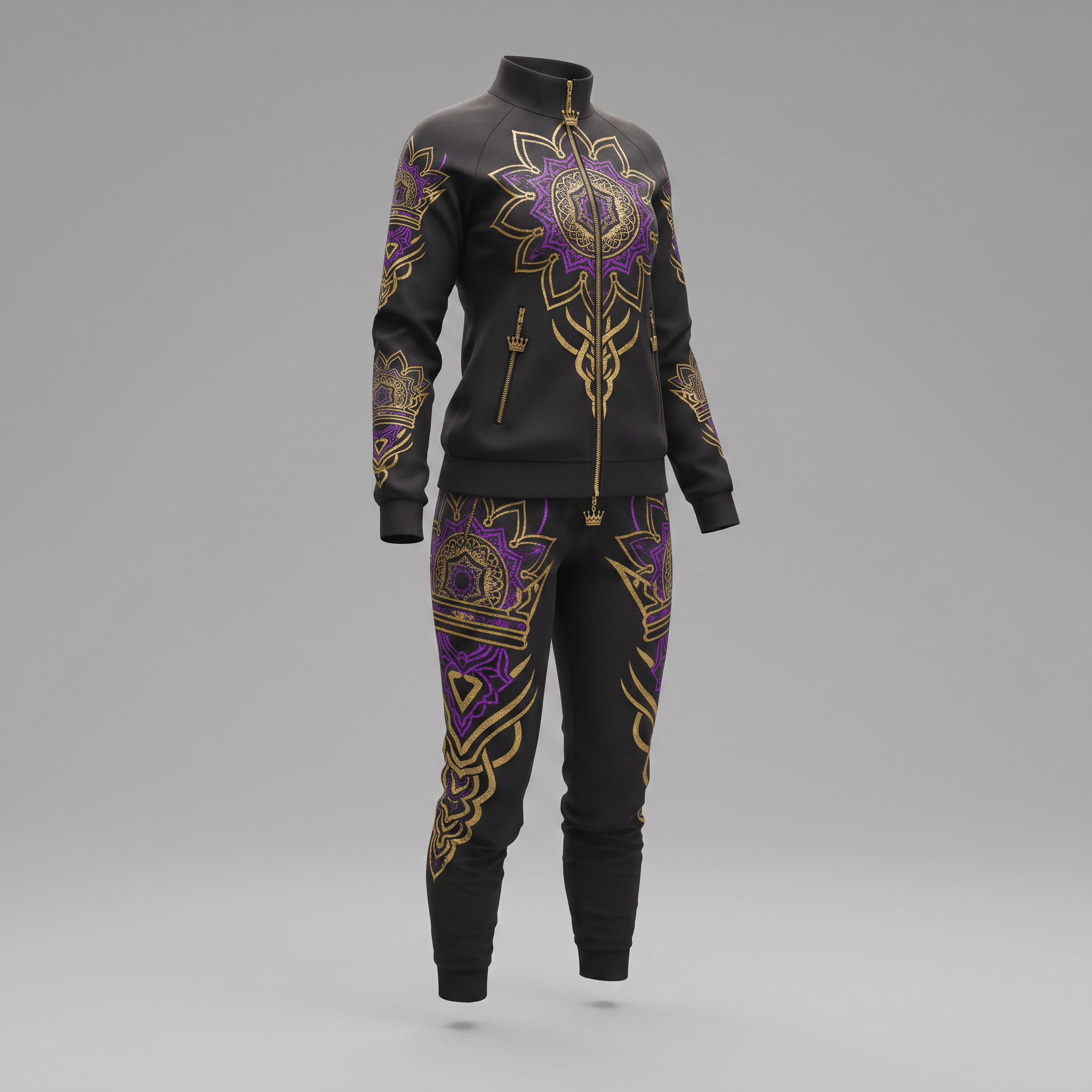 Black athletic tracksuit with gold and purple mandala prints on the jacket and matching joggers.