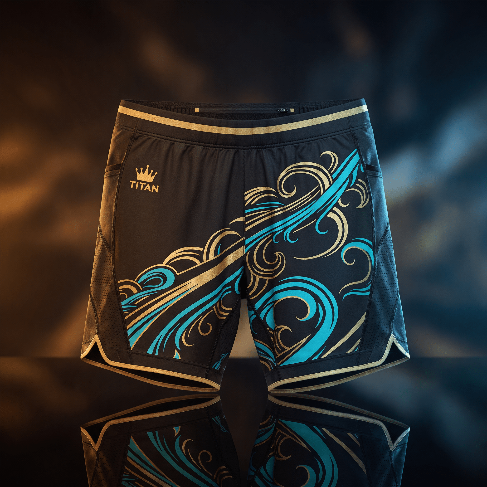Black athletic shorts with gold Titan crown logo, featuring blue and gold swirling wave patterns on a dark background.