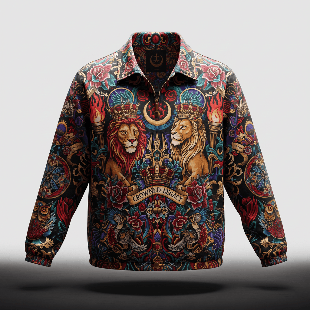 Black zip jacket featuring an intricate, colorful tattoo-style print with crowned lions and floral motifs.