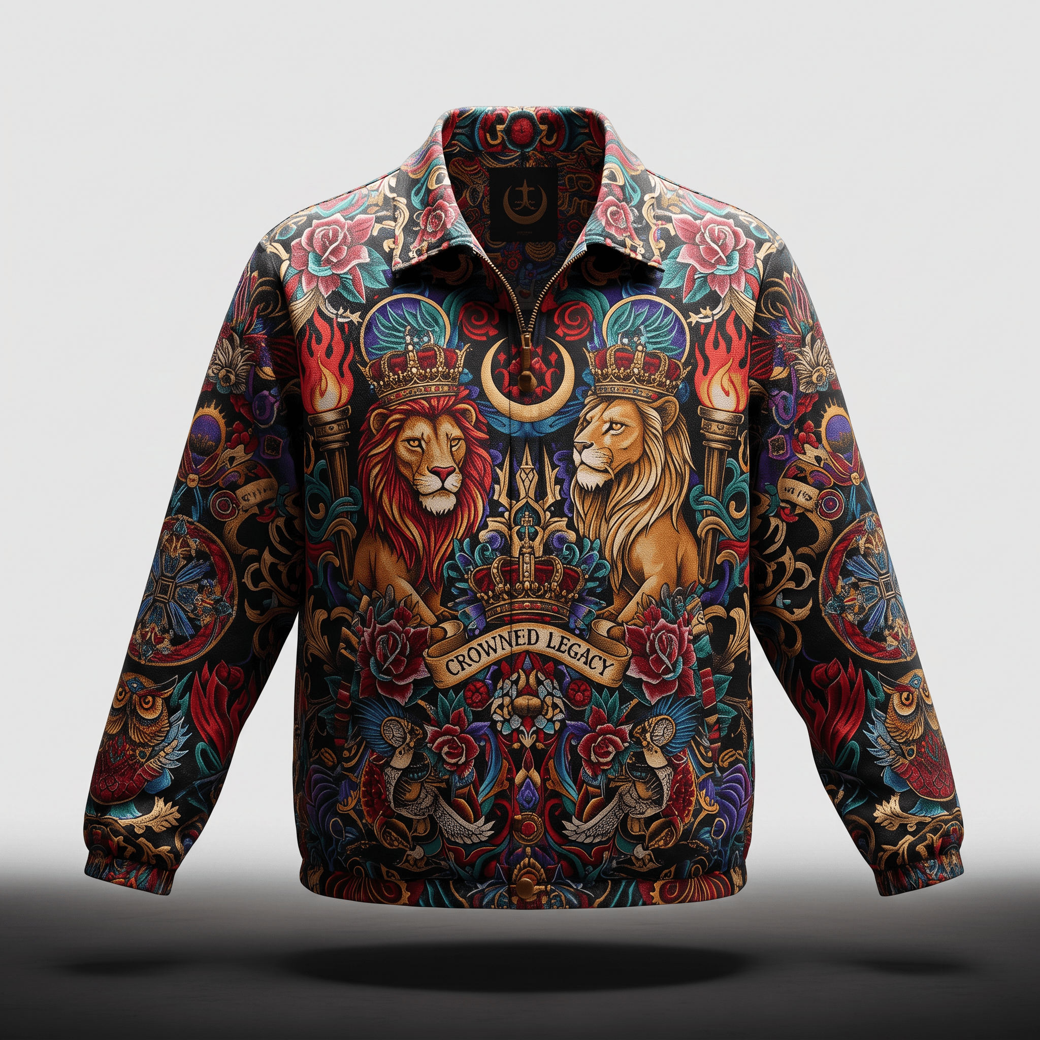 Black zip-up jacket with colorful tattoo-style print featuring crowned lions, roses, and torches.