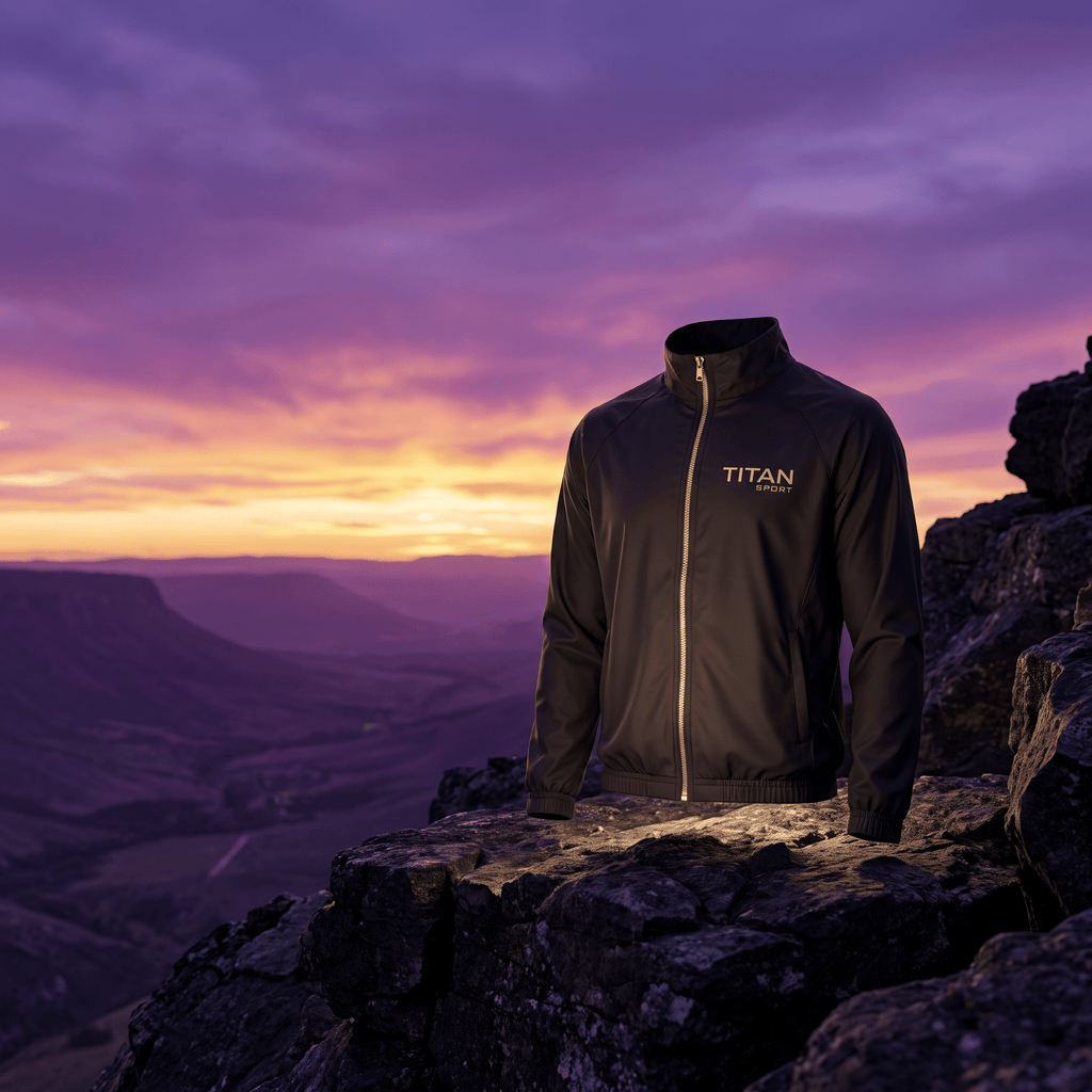 Black Titan Sport zip-up athletic jacket with gold logo, displayed on a mountain peak at sunset.