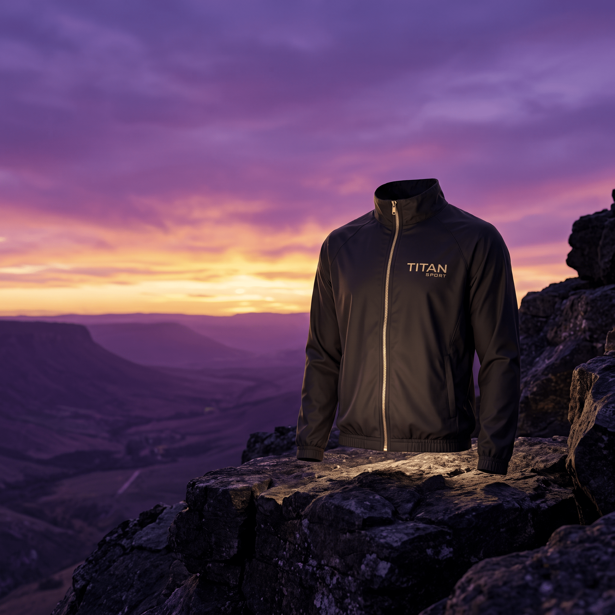 Black Titan Sport zip-up athletic jacket with gold logo, displayed on a mountain peak at sunset.