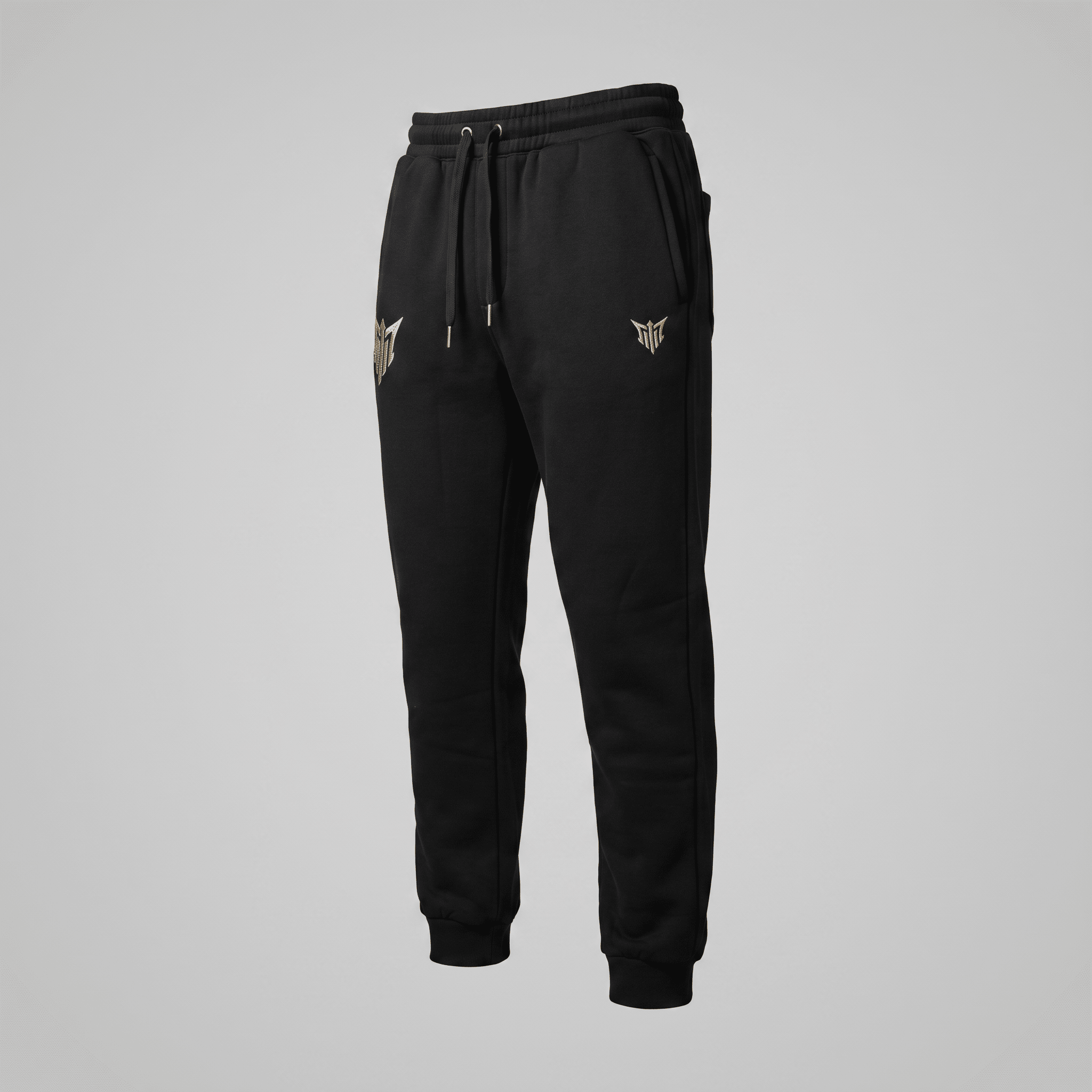Black athletic joggers with a drawstring waist and metallic logo embroidery on the thigh.