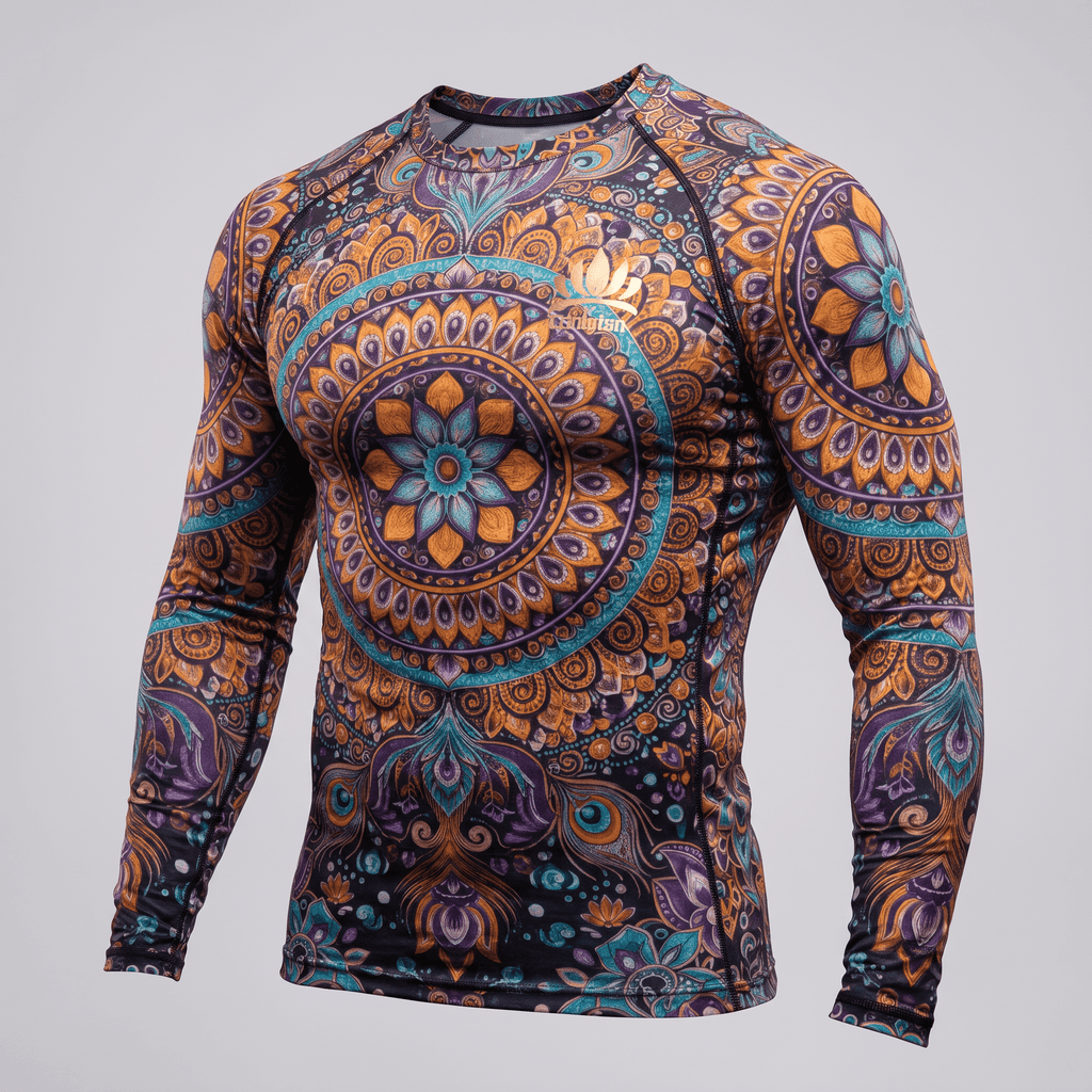 Long-sleeve compression rash guard with purple, orange, and blue mandala pattern.