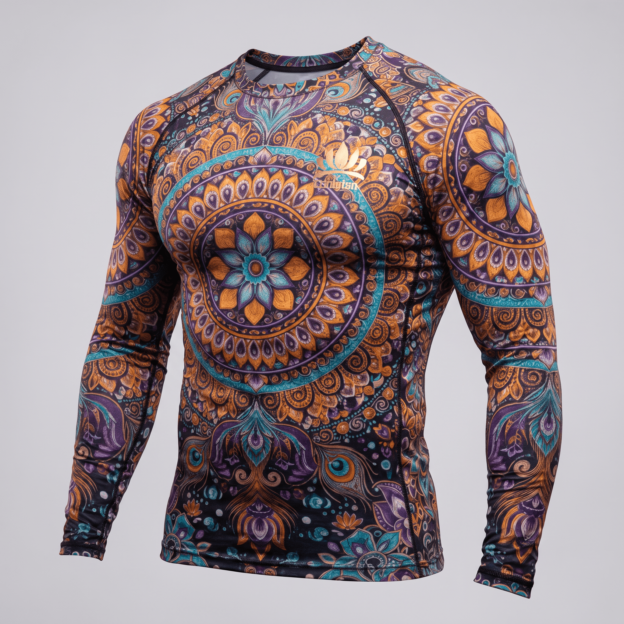 Long-sleeve compression rash guard with purple, orange, and blue mandala pattern.