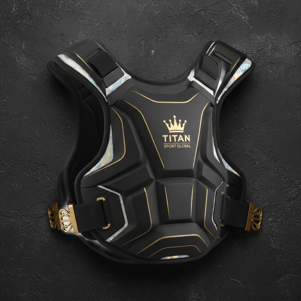 Black and gold Titan Sport Global chest protector with molded padding and decorative straps on a dark textured surface.