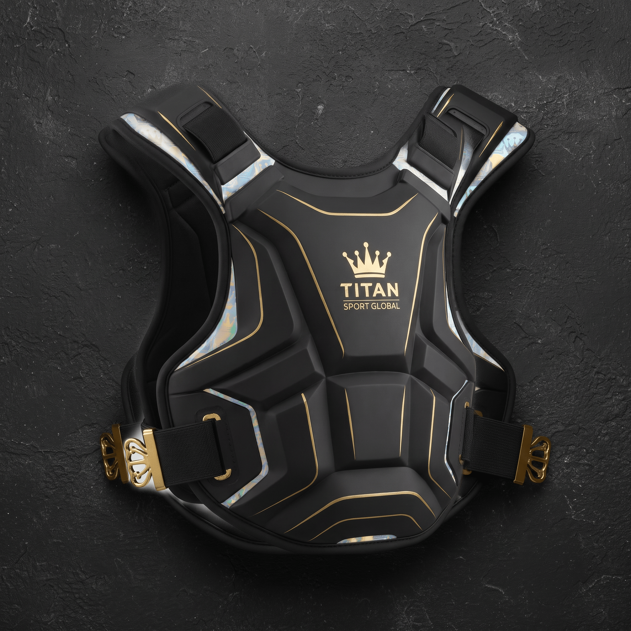 Black and gold Titan Sport Global chest protector with molded padding and decorative straps on a dark textured surface.
