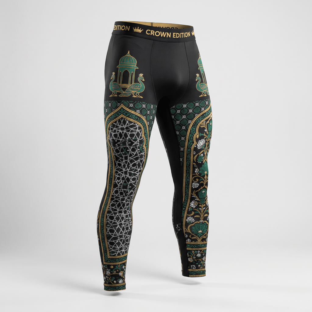 Black Crown Edition compression leggings with intricate green and gold peacock and arch designs.