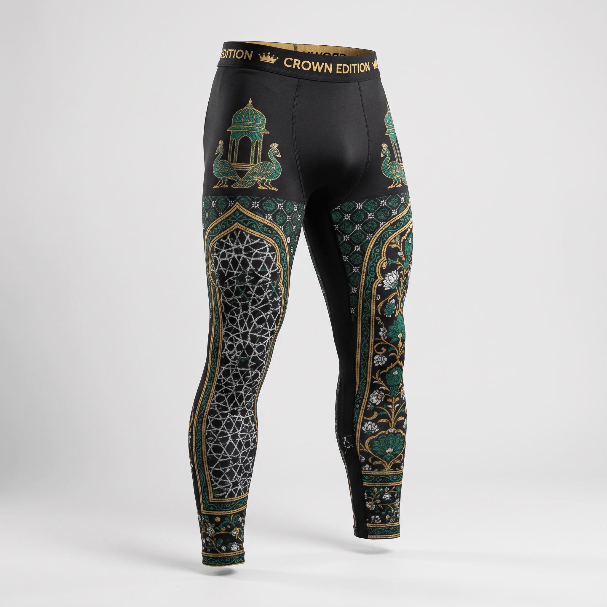 Black Crown Edition compression leggings with intricate green and gold peacock and arch designs.