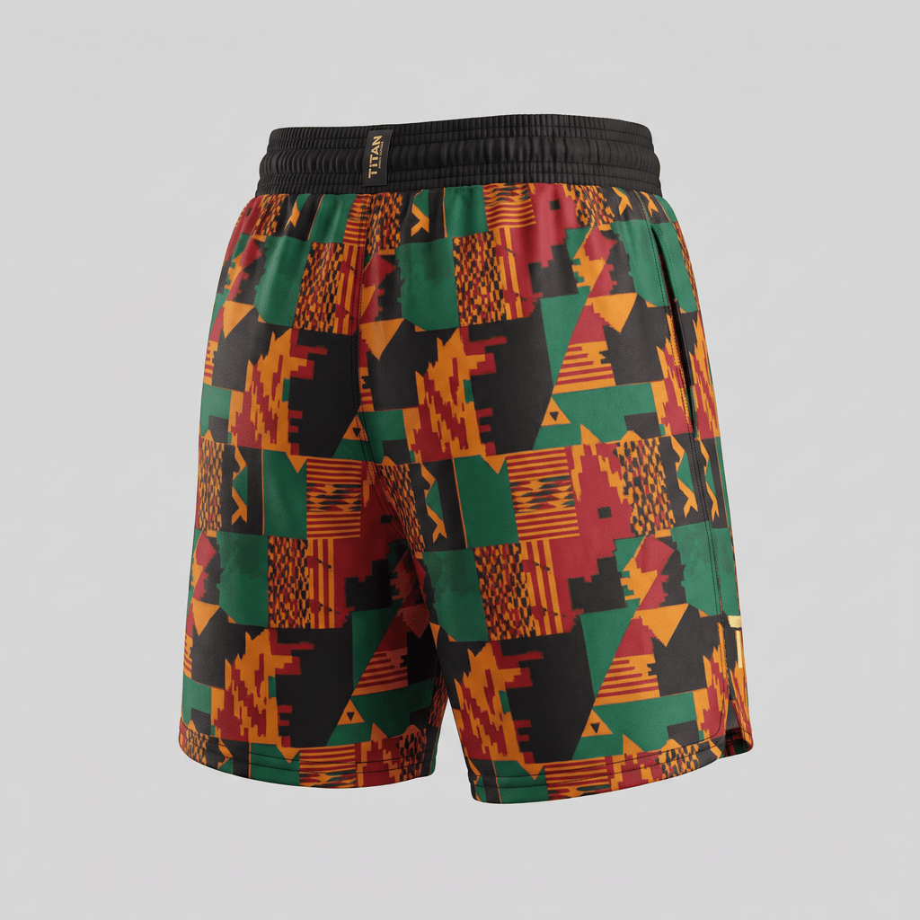 Back view of athletic shorts featuring a colorful geometric pattern in red, green, black, and yellow.