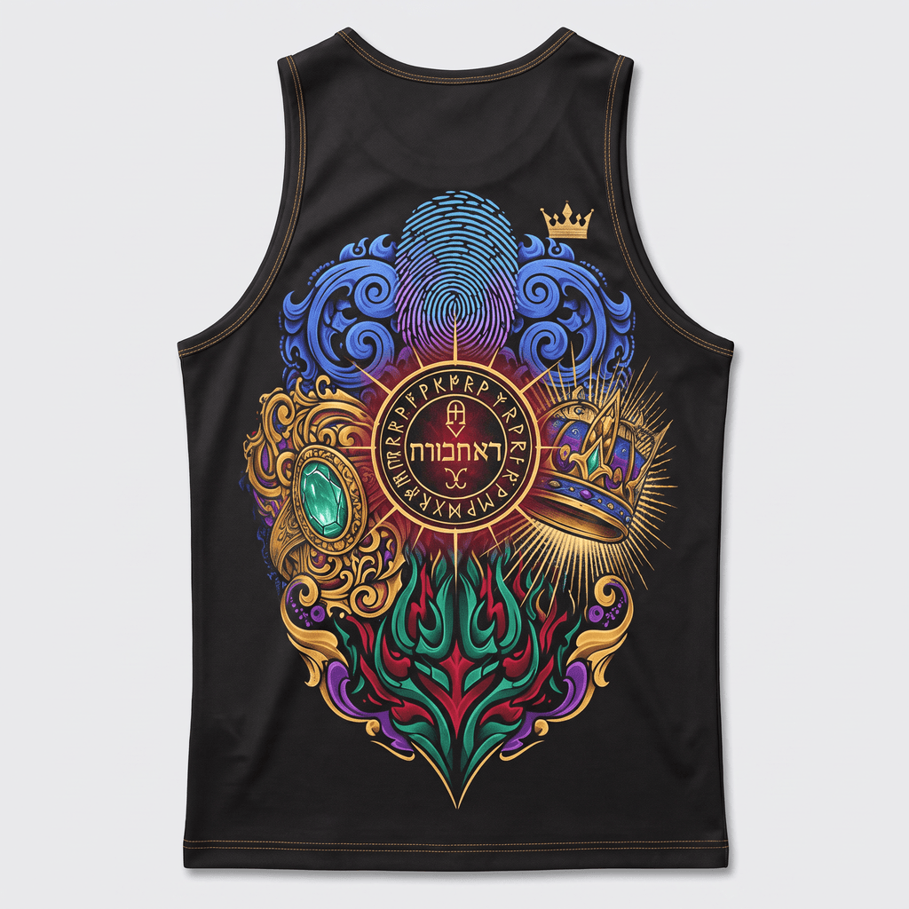 Black tank top featuring a colorful fantasy back graphic with a crown, fingerprint, runes, and gem.
