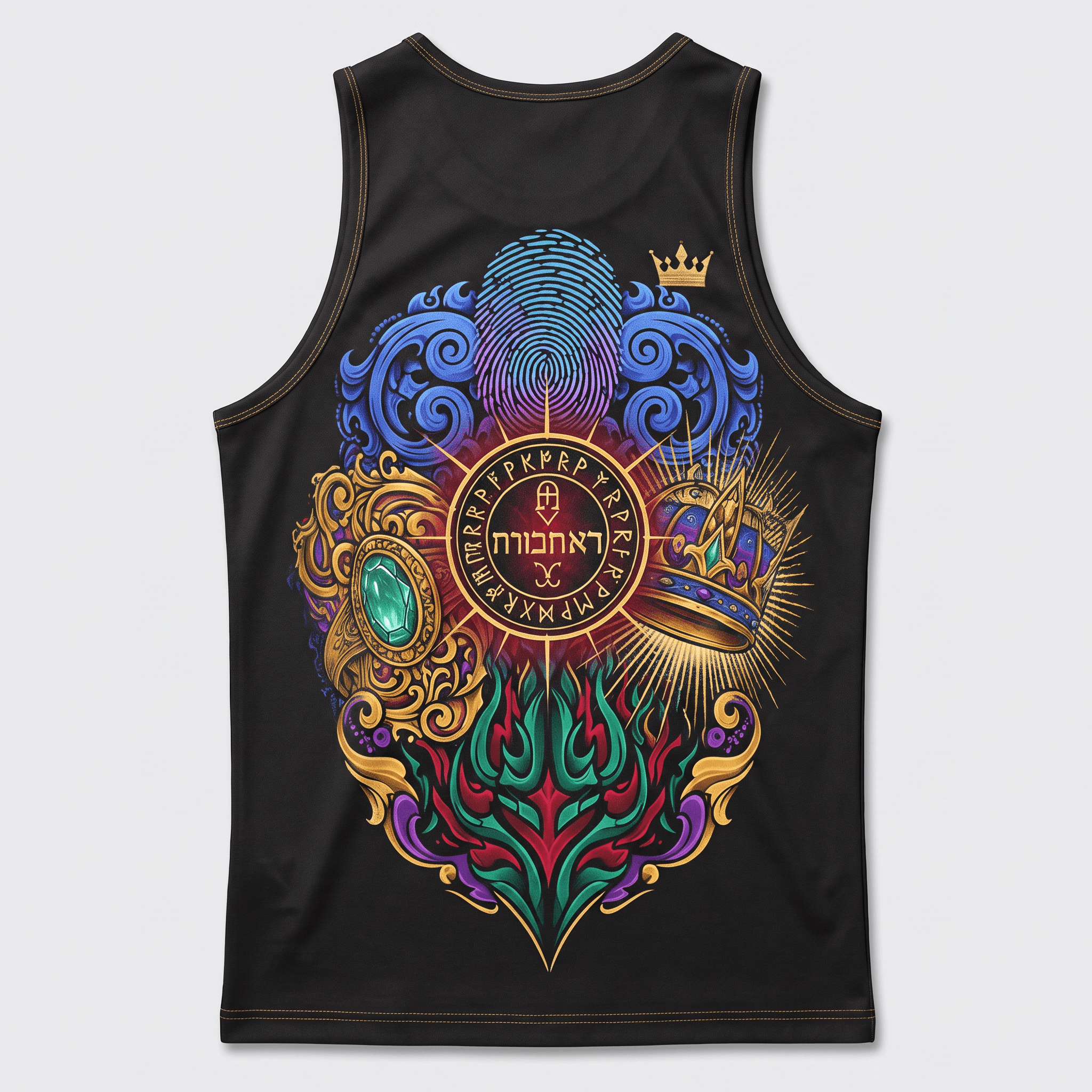 Black tank top featuring a colorful fantasy back graphic with a crown, fingerprint, runes, and gem.