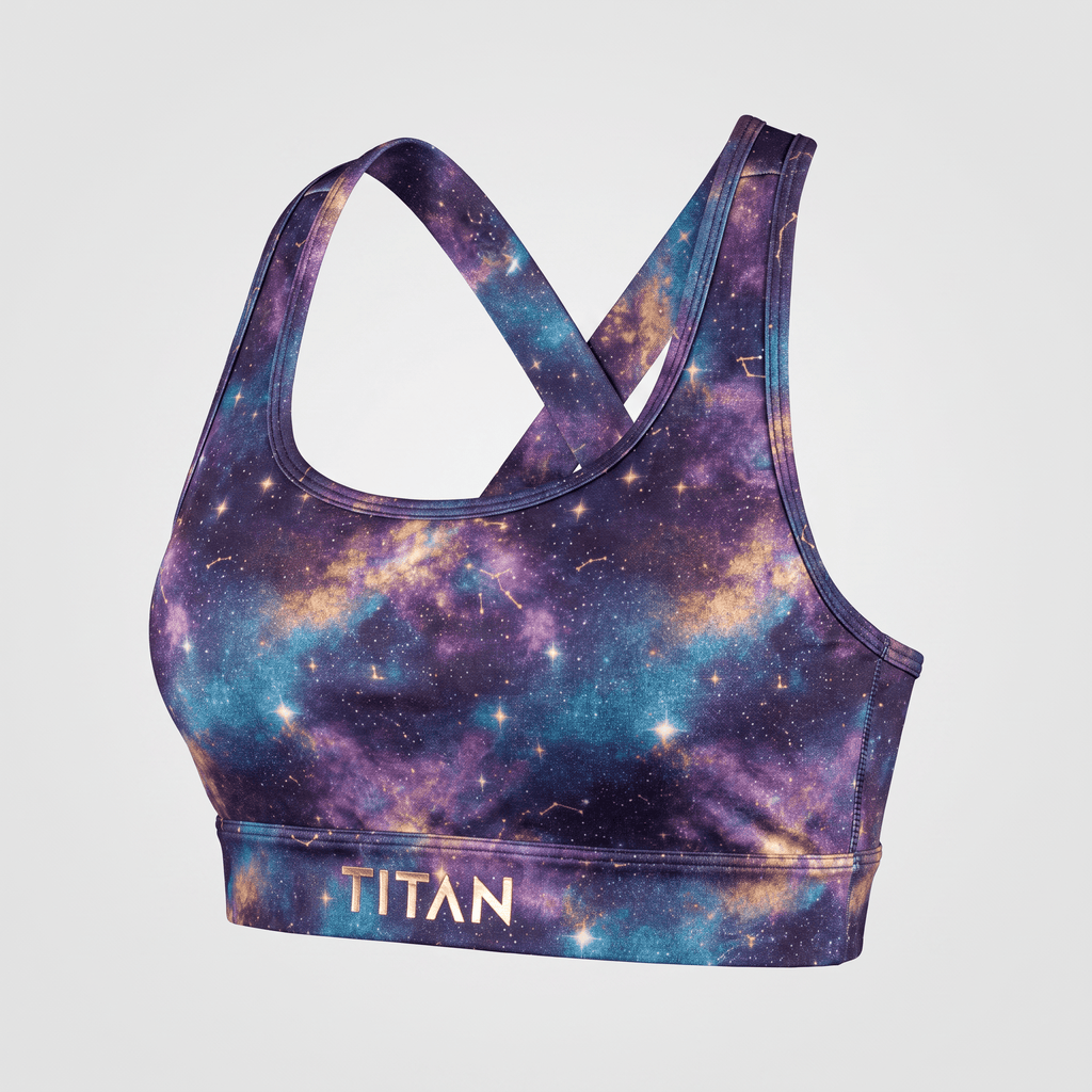 Titan sports bra in purple and blue galaxy space print with crisscross straps.