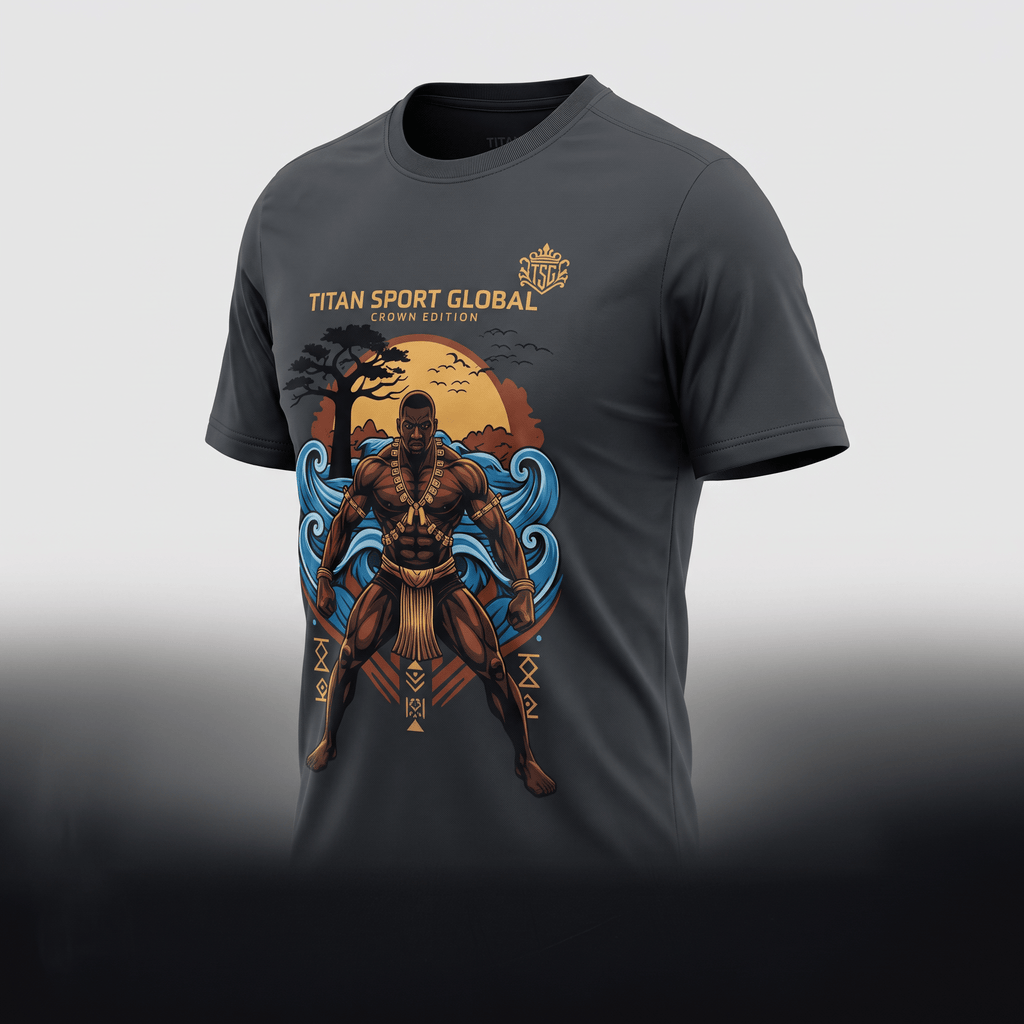 Dark grey crewneck t-shirt with Titan Sport Global graphic print of a muscular warrior and sunset.