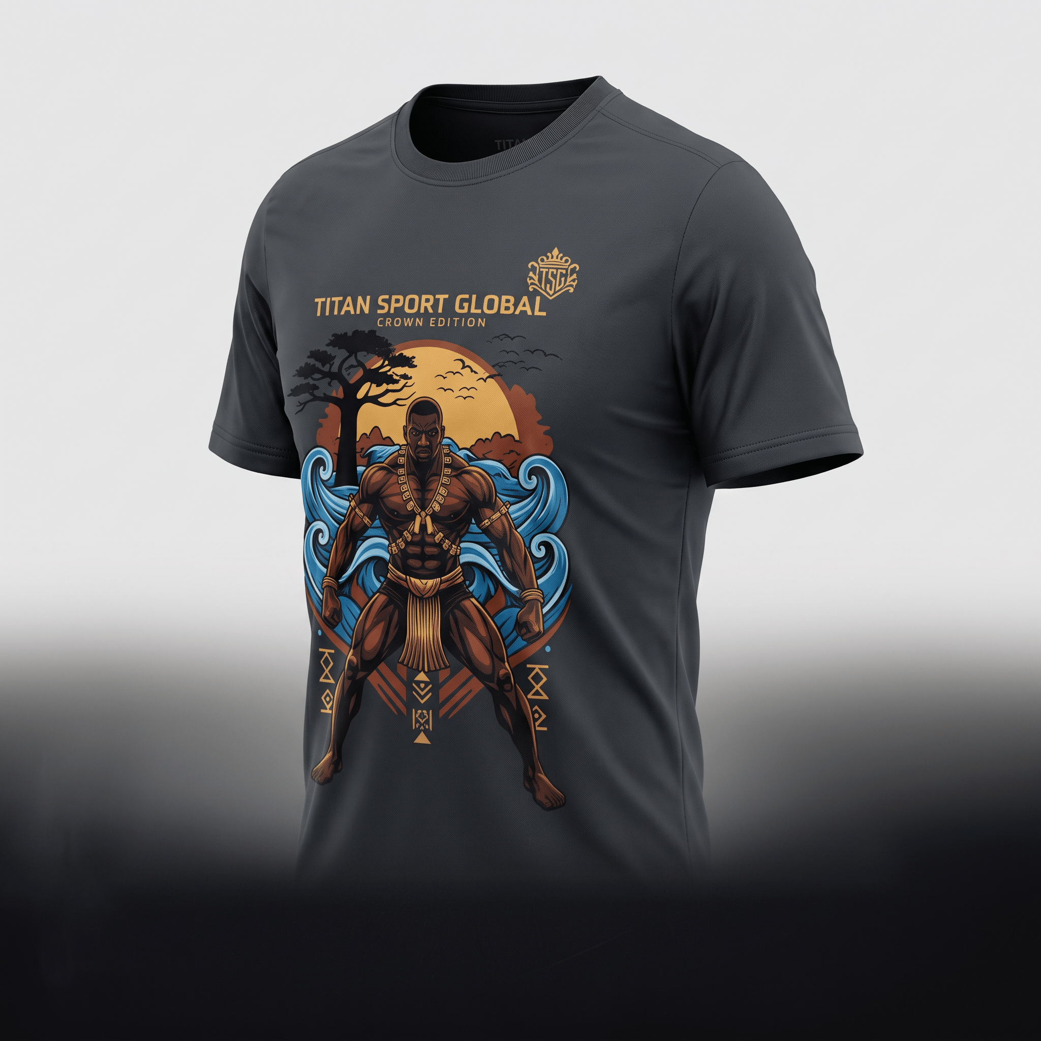Dark grey crewneck t-shirt with Titan Sport Global graphic print of a muscular warrior and sunset.