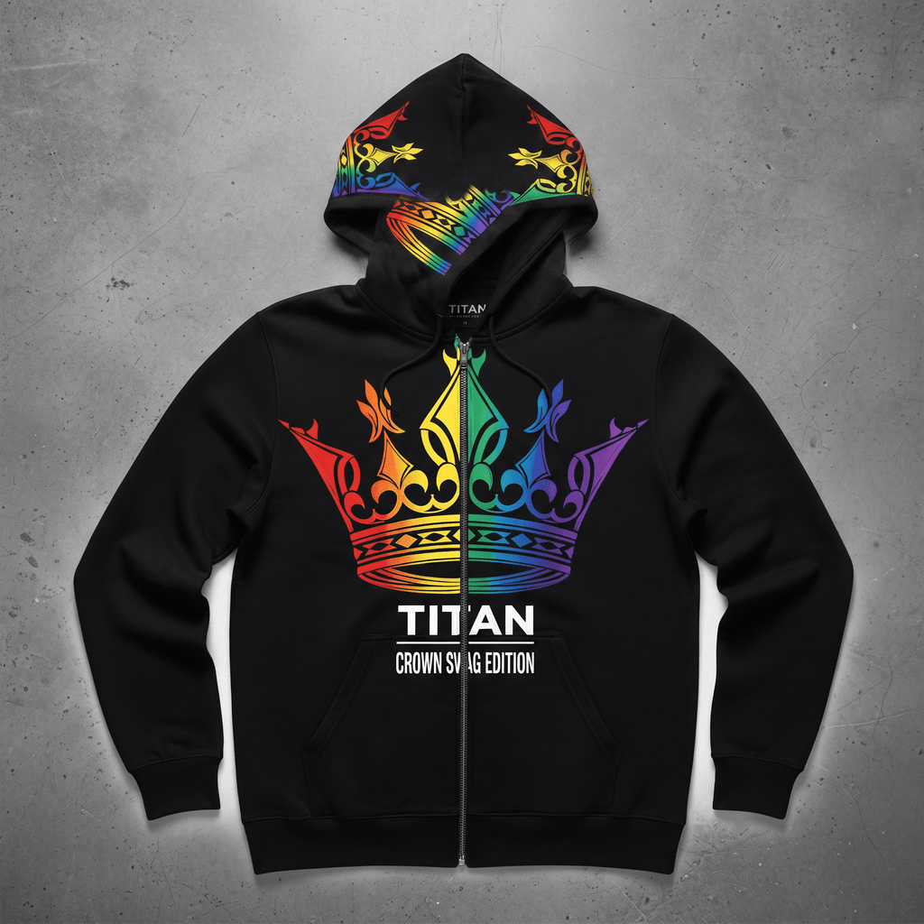 Black zip-up hoodie featuring a rainbow crown graphic and Titan Crown Swag Edition text on a concrete background.