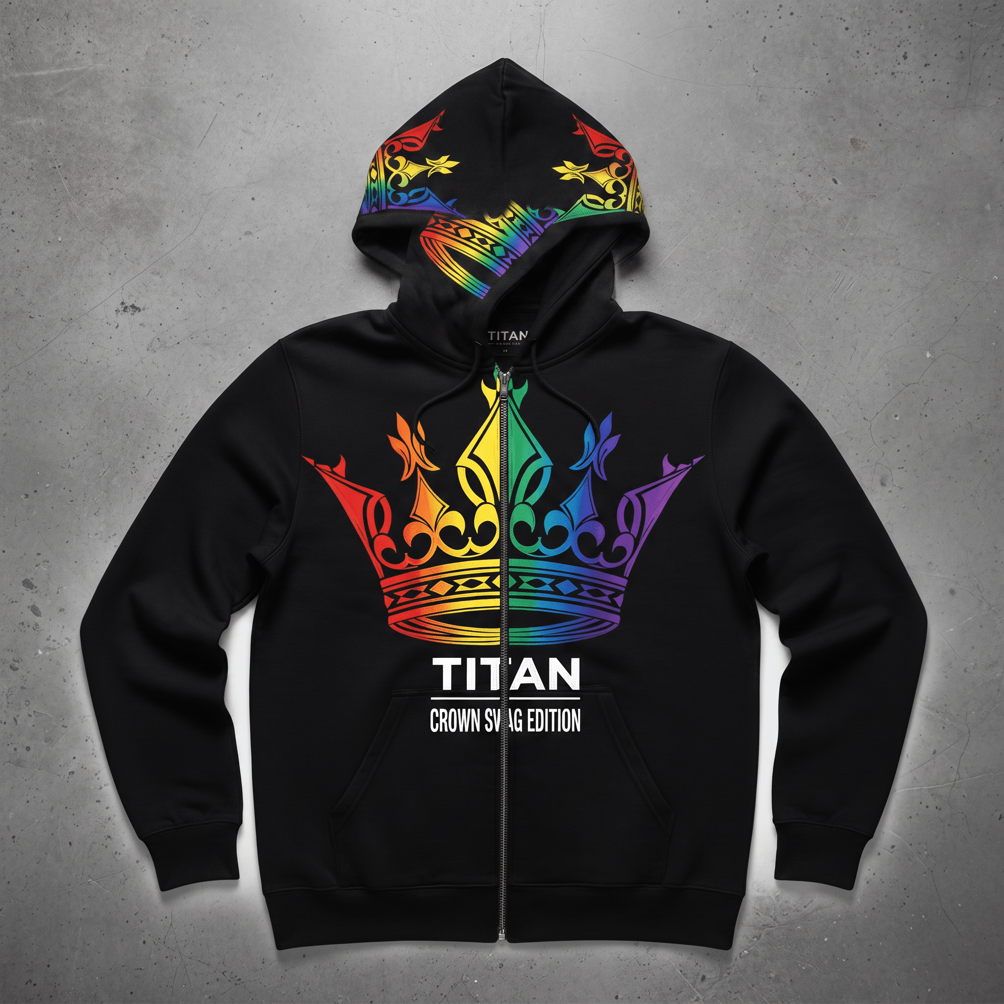 Black zip-up hoodie featuring a rainbow crown graphic and Titan Crown Swag Edition text on a concrete background.