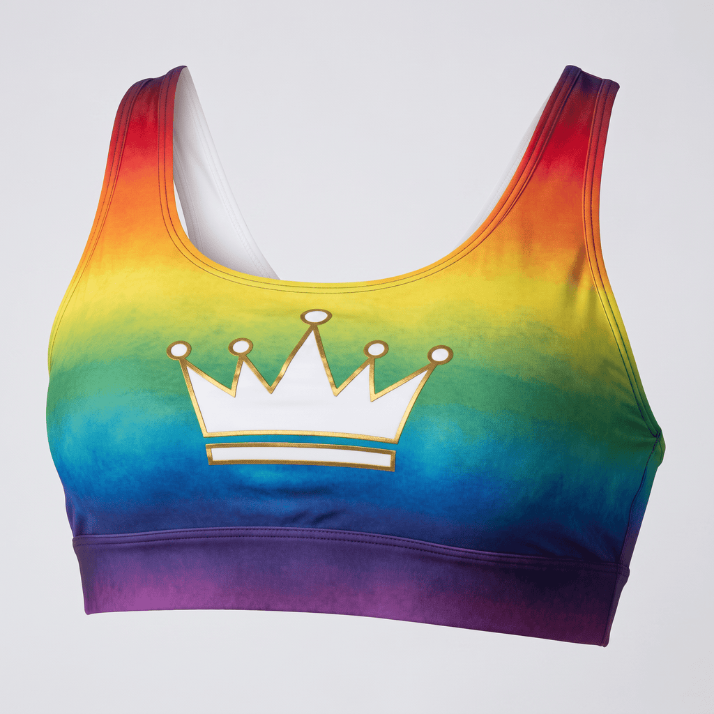 Rainbow gradient sports bra with white and gold crown graphic on the front.
