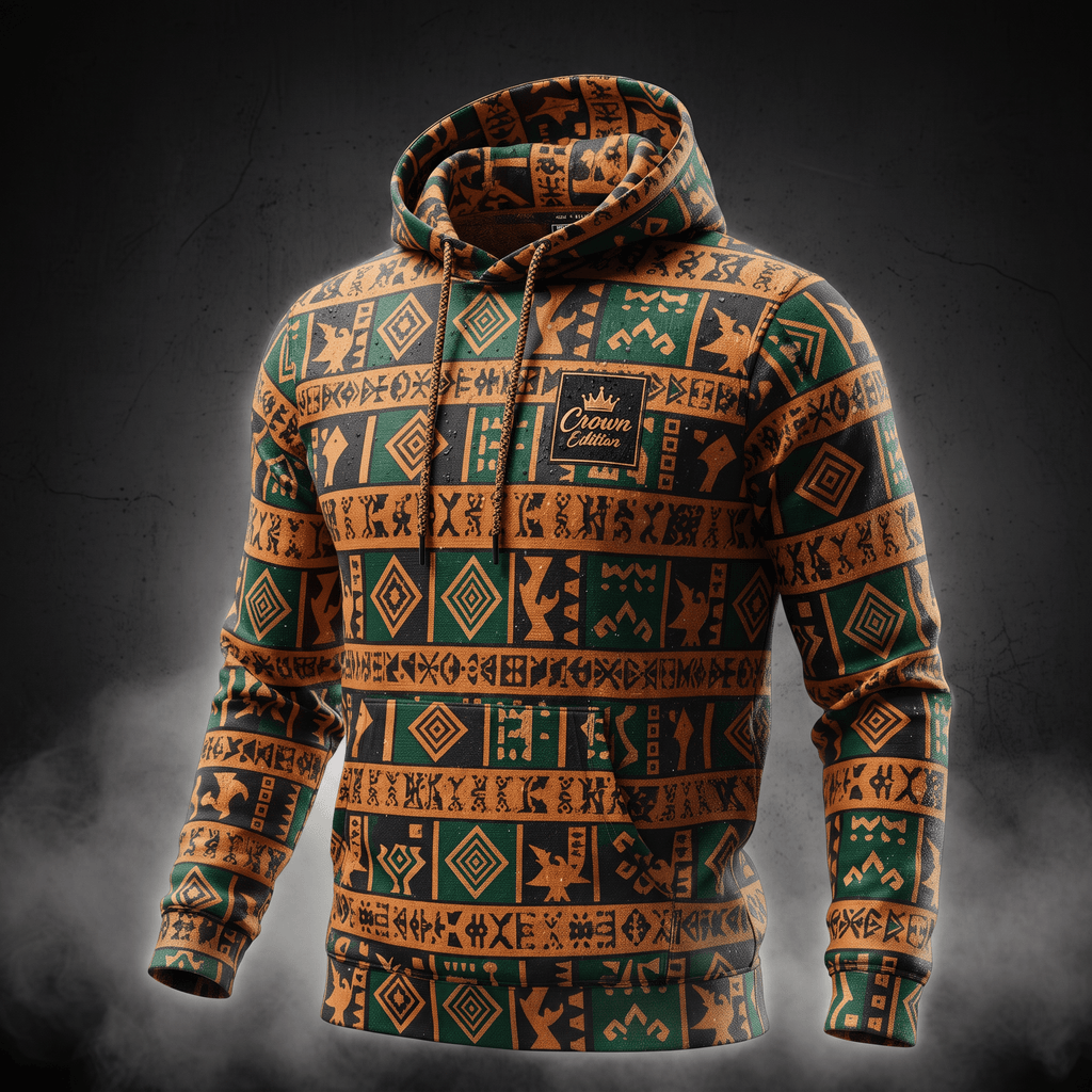 Green and orange hoodie with tribal geometric patterns and a Crown Edition chest patch against a dark backdrop.