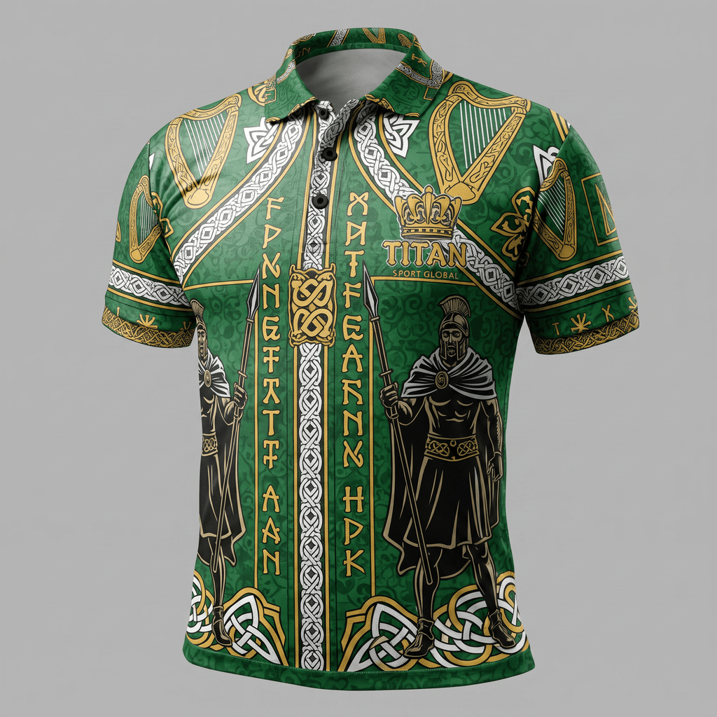 Green polo shirt featuring Celtic harp motifs, warrior illustrations, runes, and white knotwork trim.