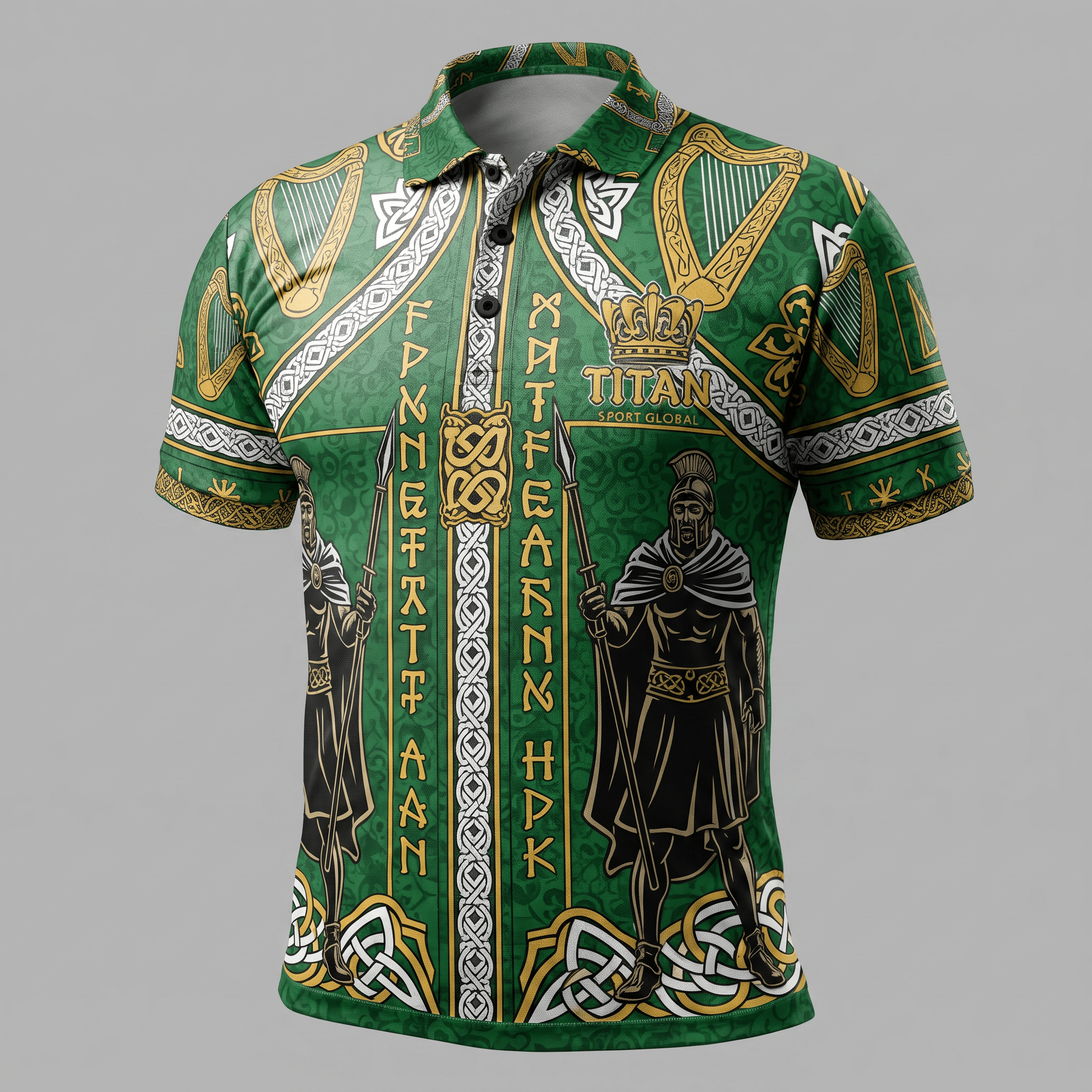 Green polo shirt featuring Celtic harp motifs, warrior illustrations, runes, and white knotwork trim.