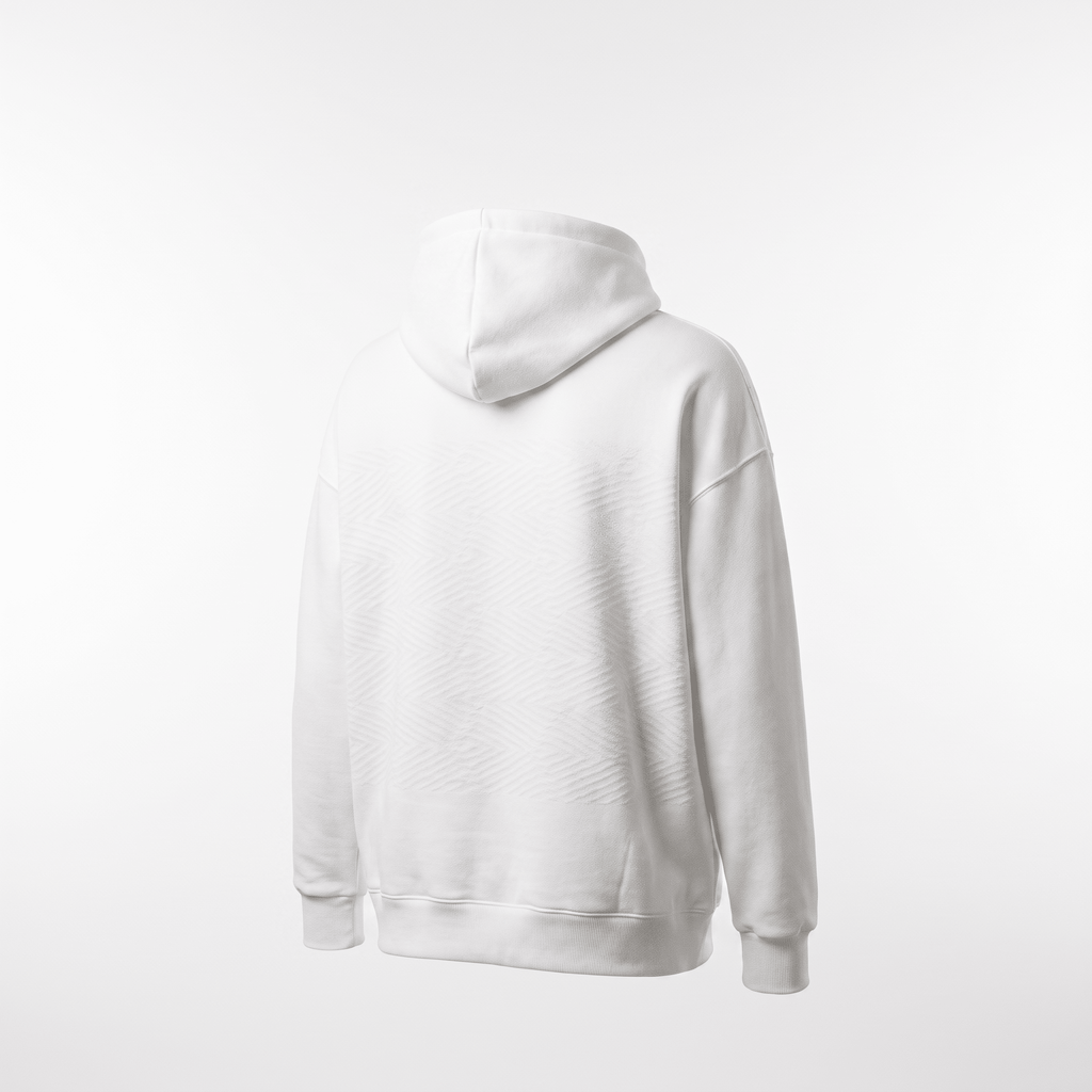 Back view of a white pullover hoodie with a subtle textured pattern on the back against a white background.