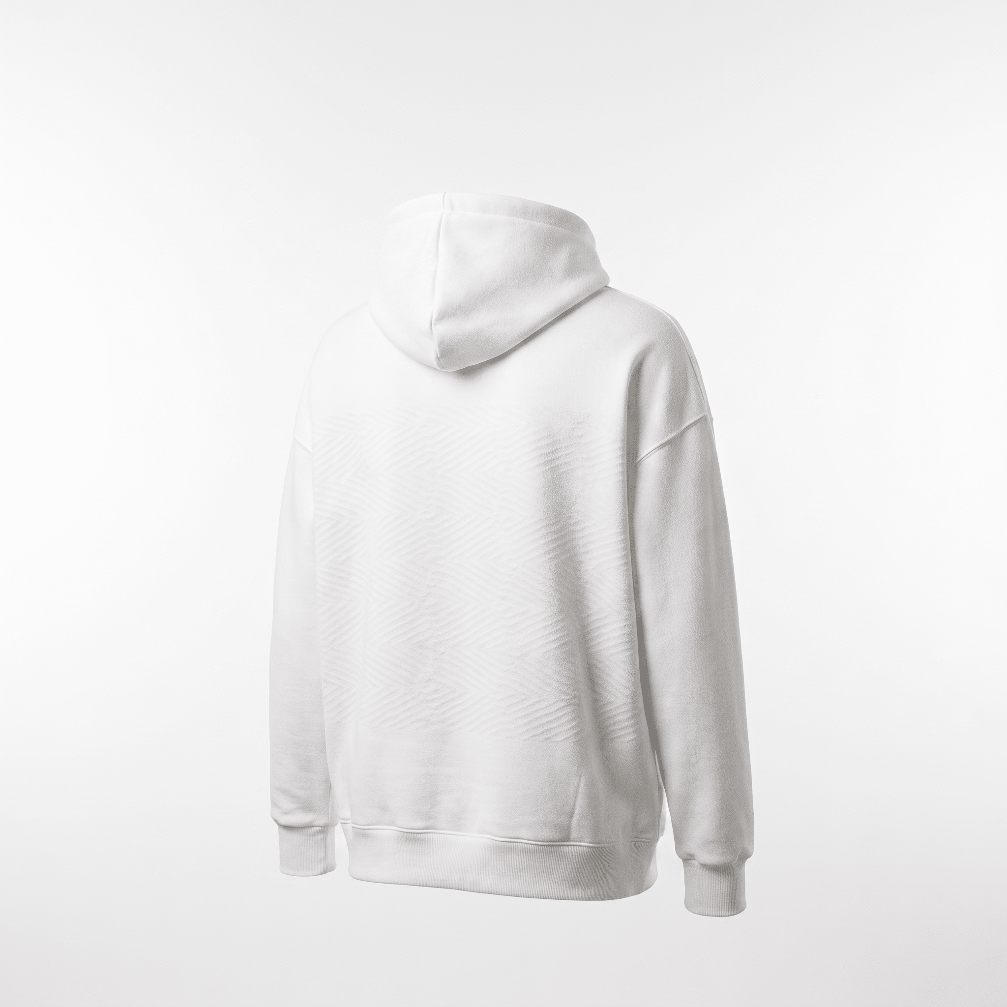 Back view of a white pullover hoodie with a subtle textured pattern on the back against a white background.