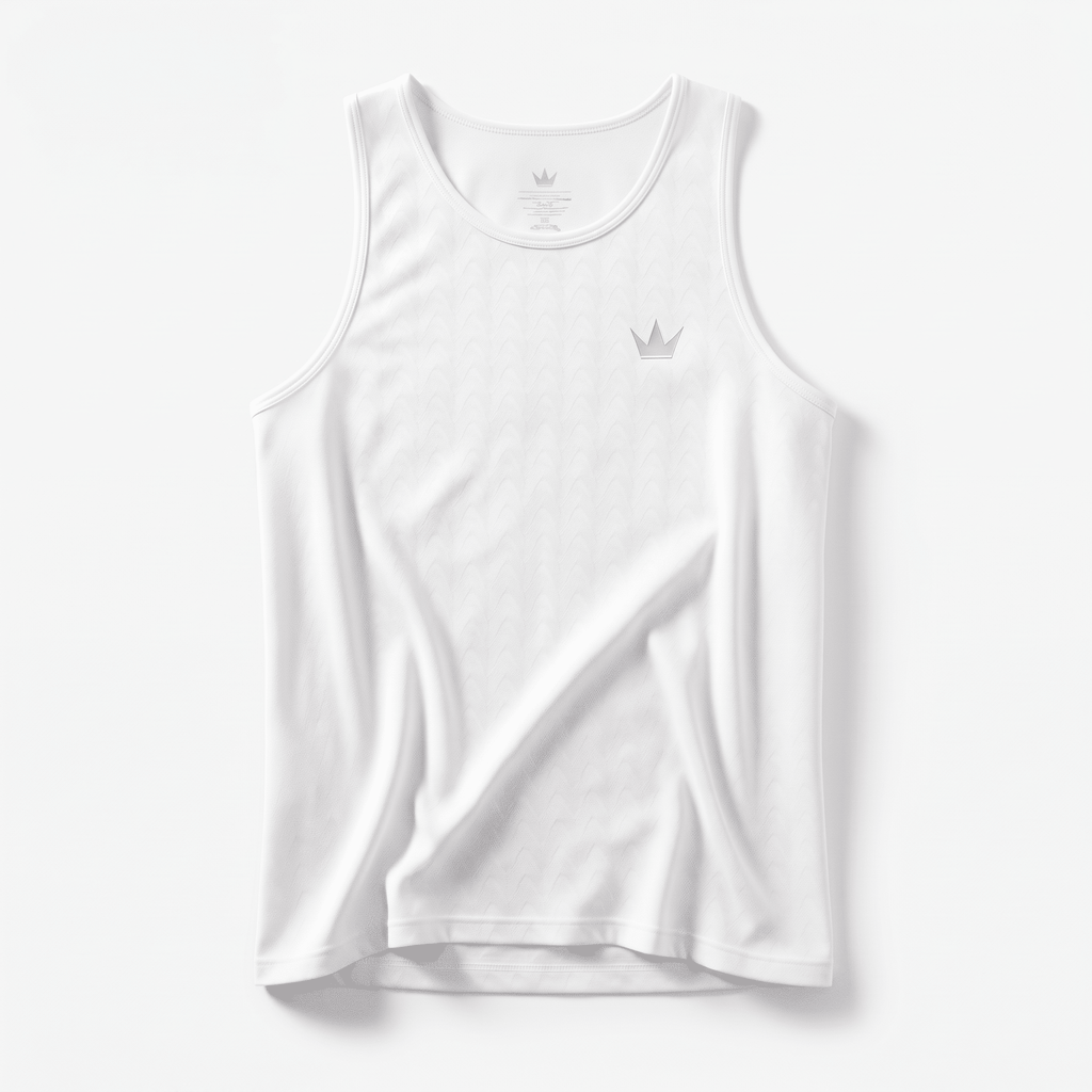 White athletic tank top with subtle pattern and small silver crown logo on chest.