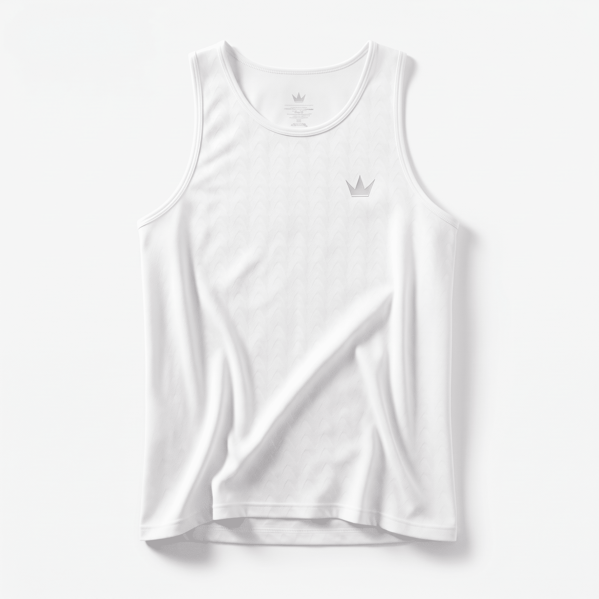 White athletic tank top with subtle pattern and small silver crown logo on chest.
