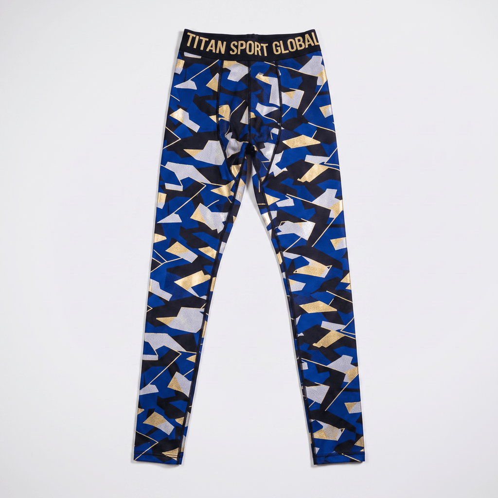 Titan Sport Global men's compression leggings in blue with black, silver, and gold geometric camo print.