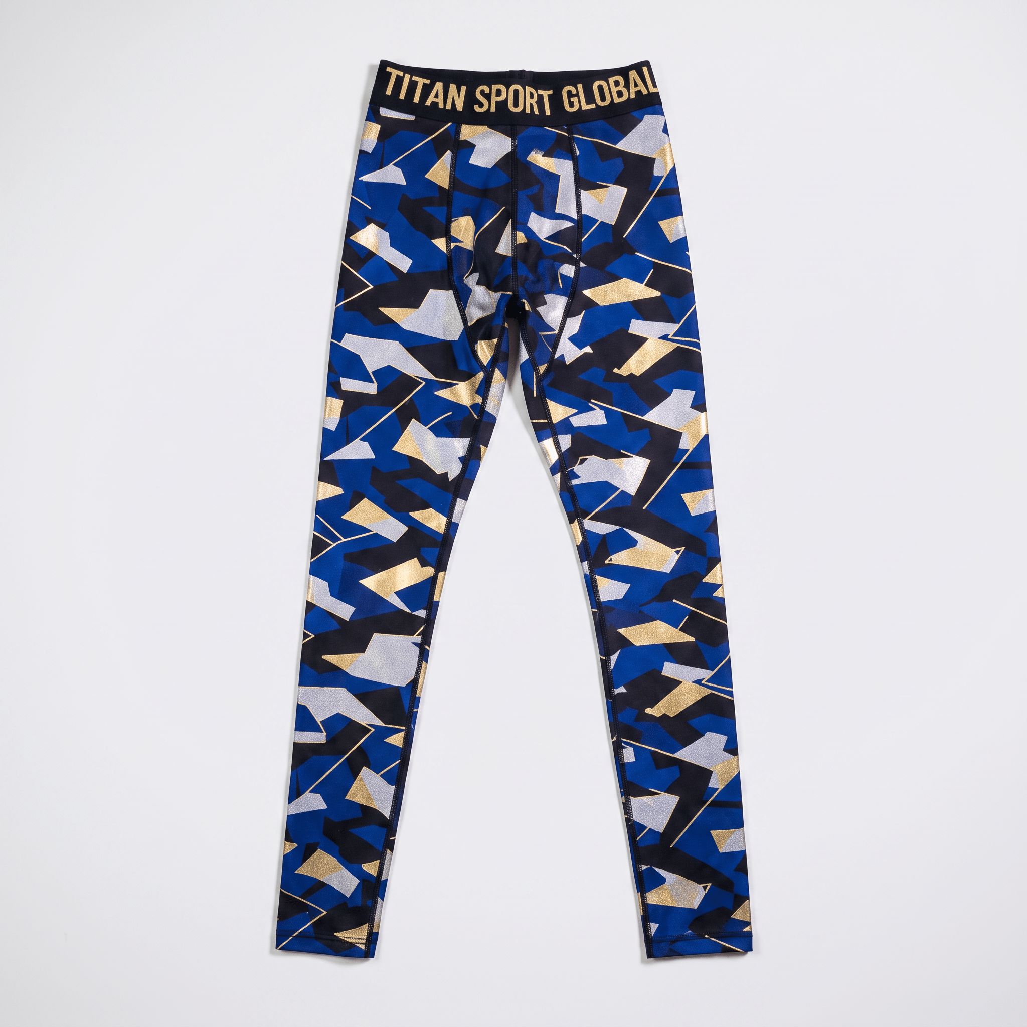 Titan Sport Global men's compression leggings in blue with black, silver, and gold geometric camo print.