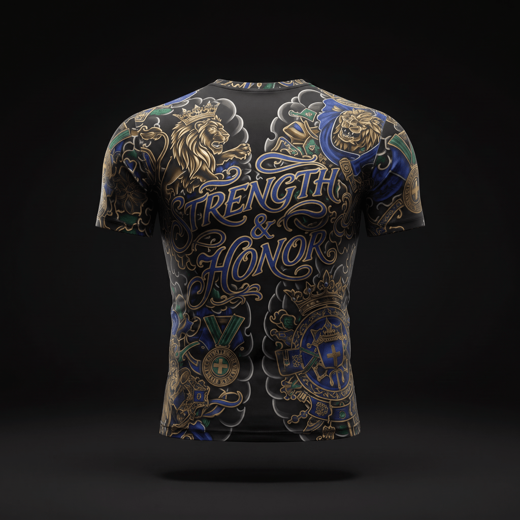 Back view of a black compression shirt with blue, gold, and green ornate lion and crest graphics.