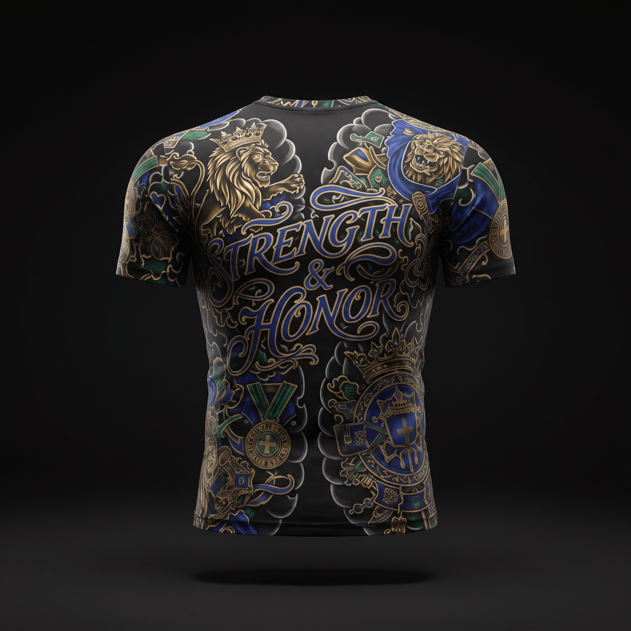 Back of a black rash guard featuring ornate blue and gold tattoo graphics, lions, and the words Strength and Honor.