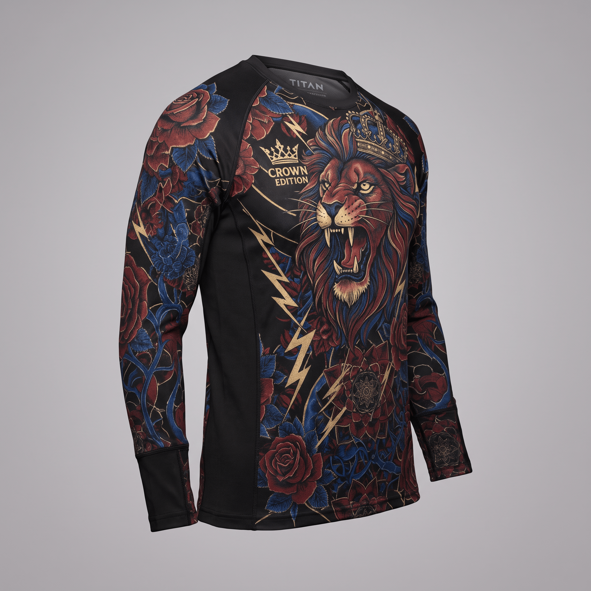 Black long-sleeve rash guard featuring a crown edition lion and red and blue rose graphic print.