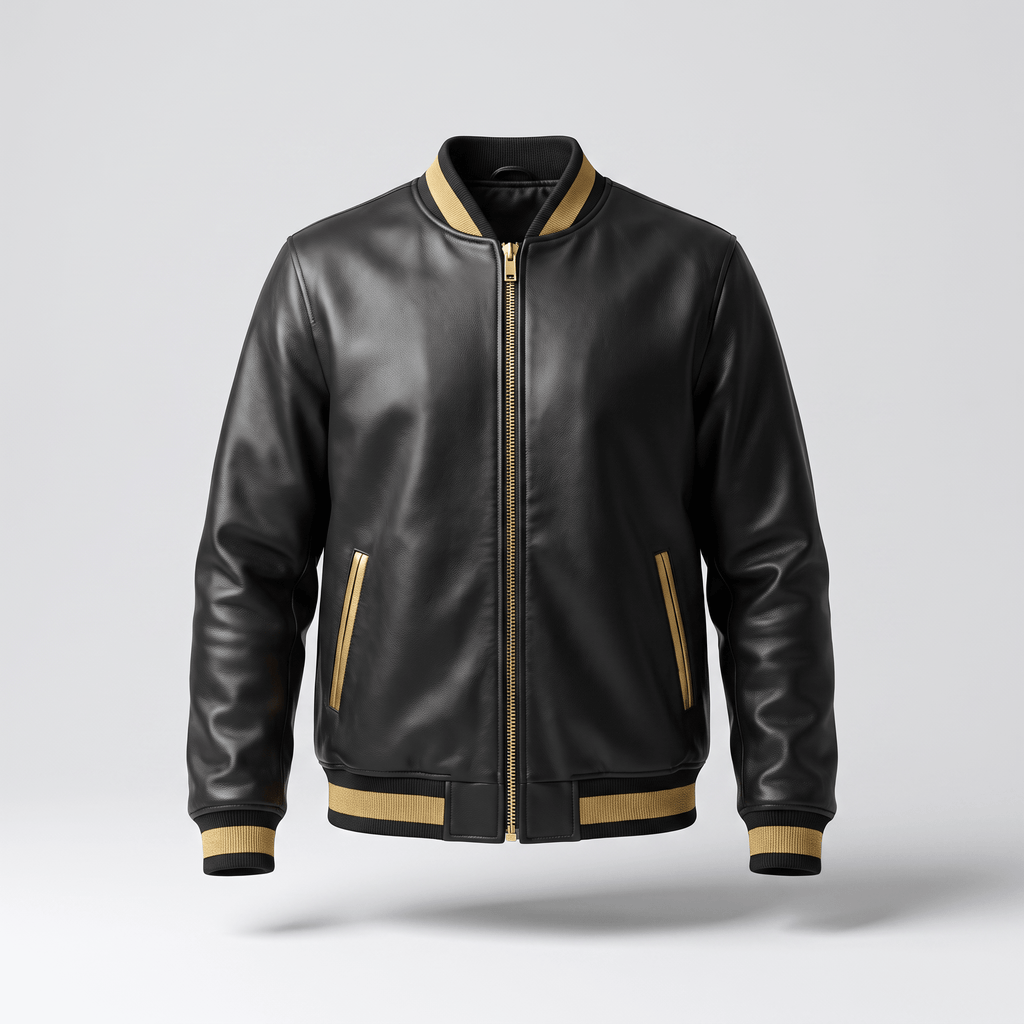 Black leather bomber jacket with gold zipper and striped rib trim on a light gray background.